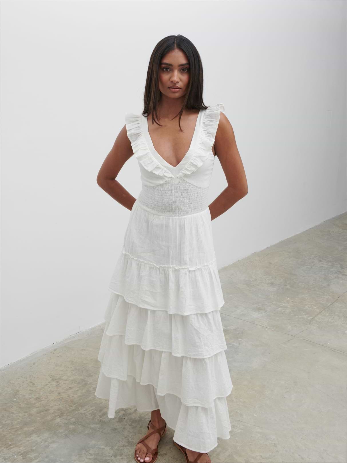 Opal Ruffle Midaxi Dress - Cream