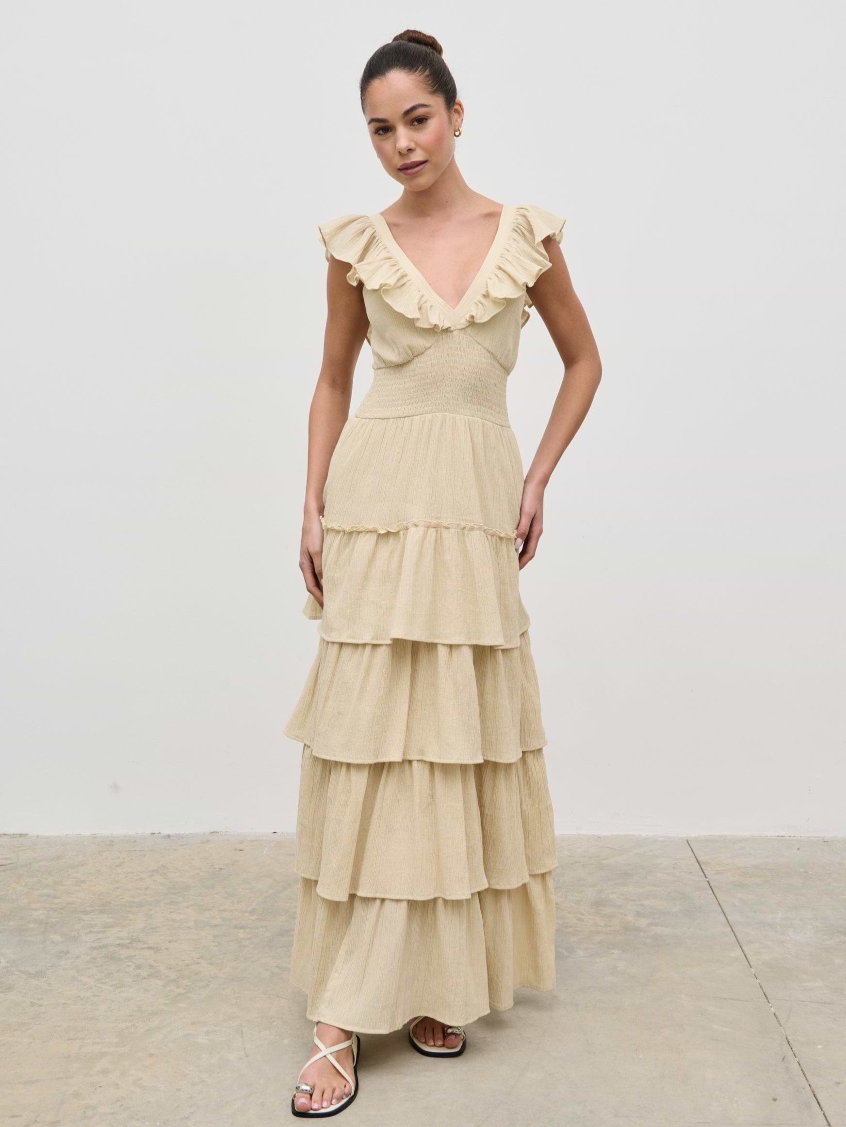 Opal Ruffle Maxi Dress - Beige
