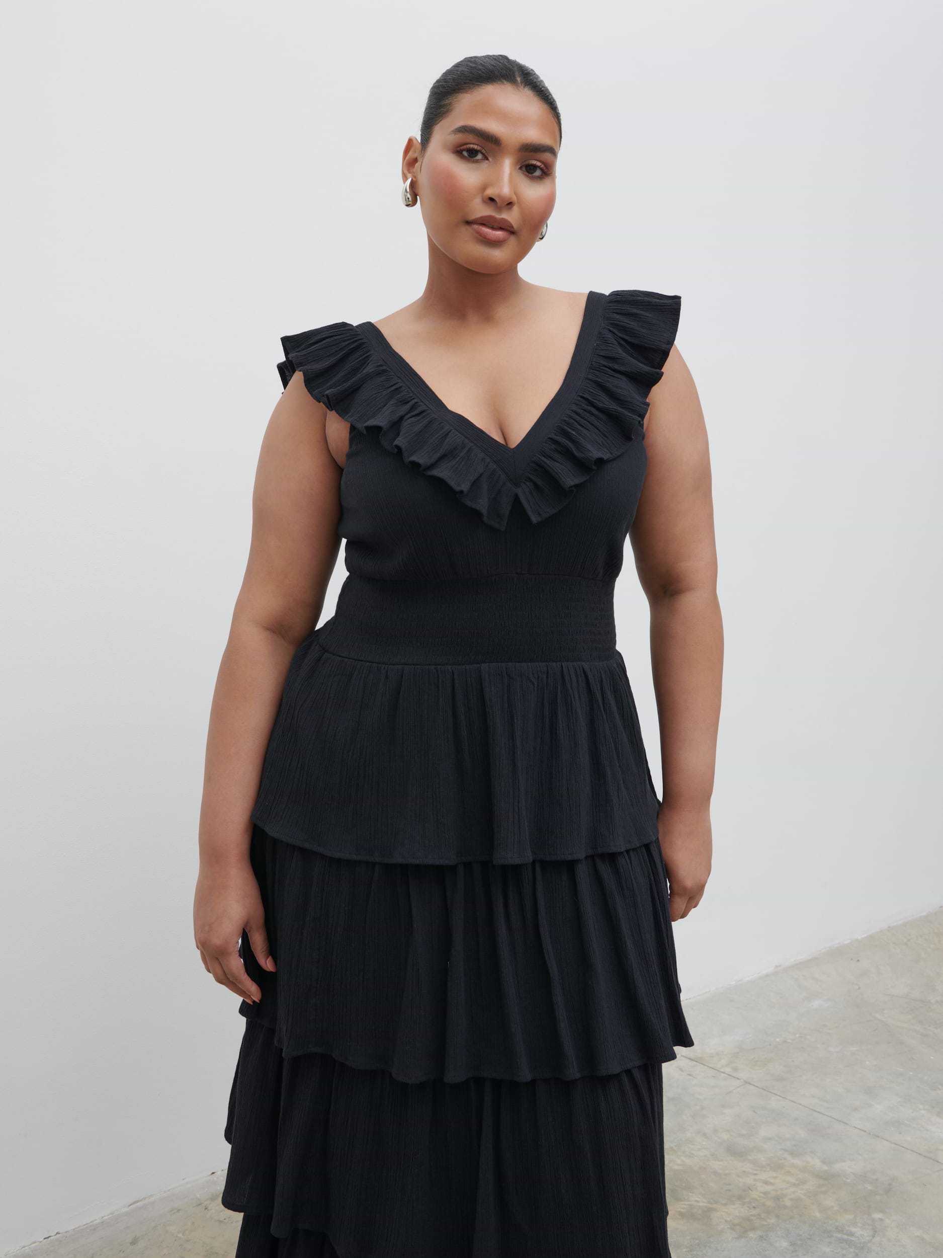 Opal Ruffle Midaxi Dress Curve - Black