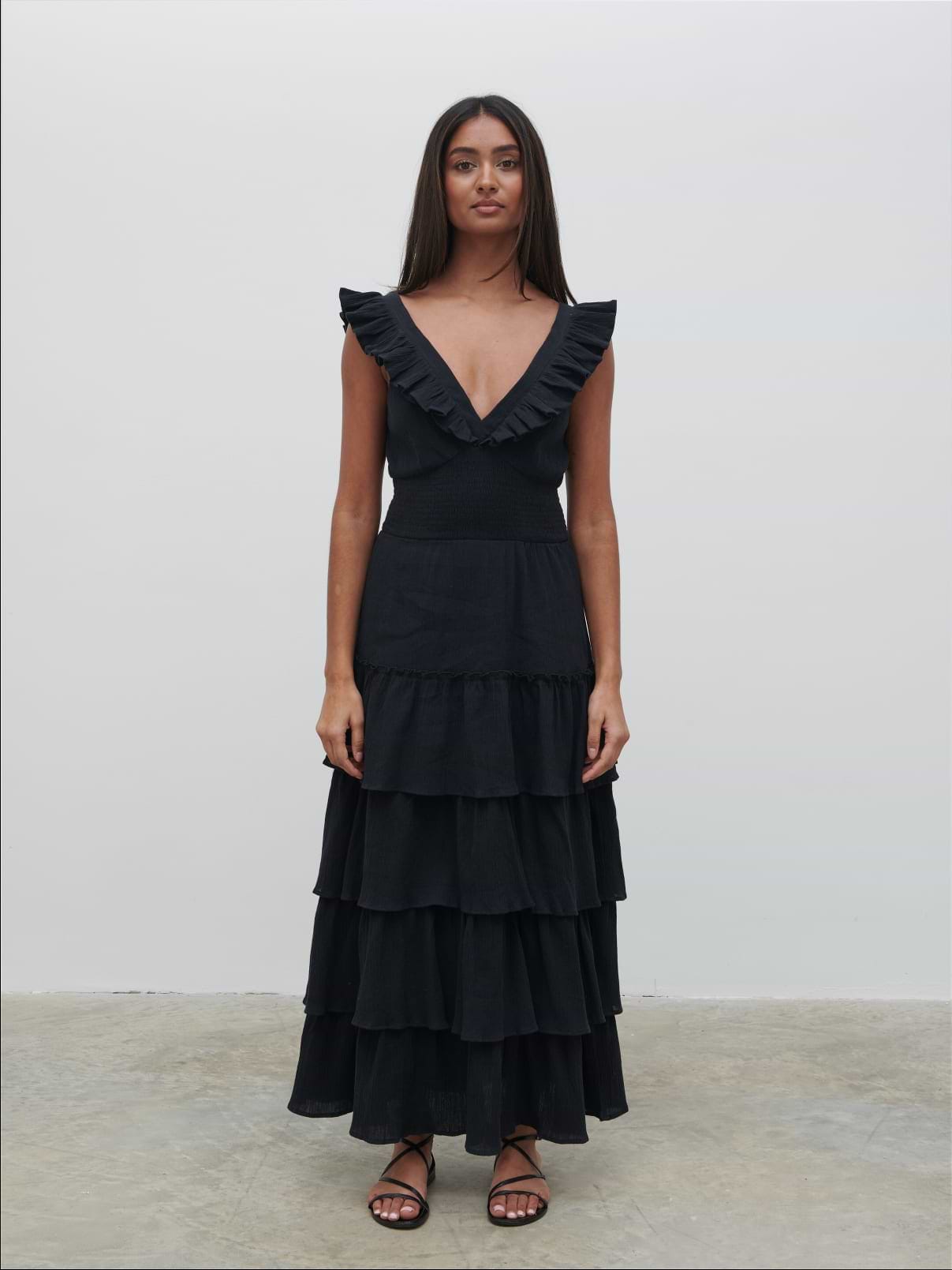 Opal Ruffle Midaxi Dress - Black