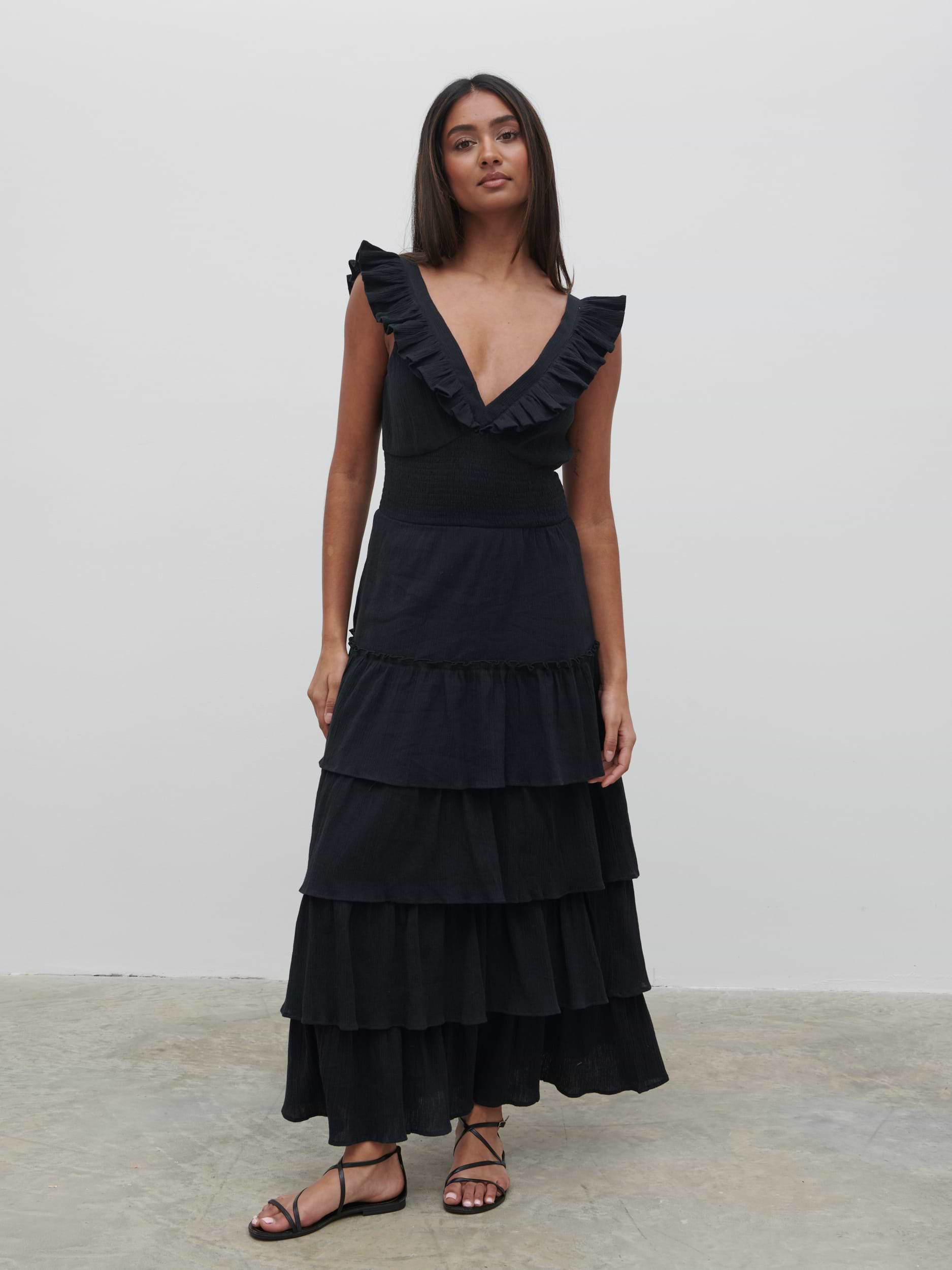 Opal Ruffle Midaxi Dress - Black