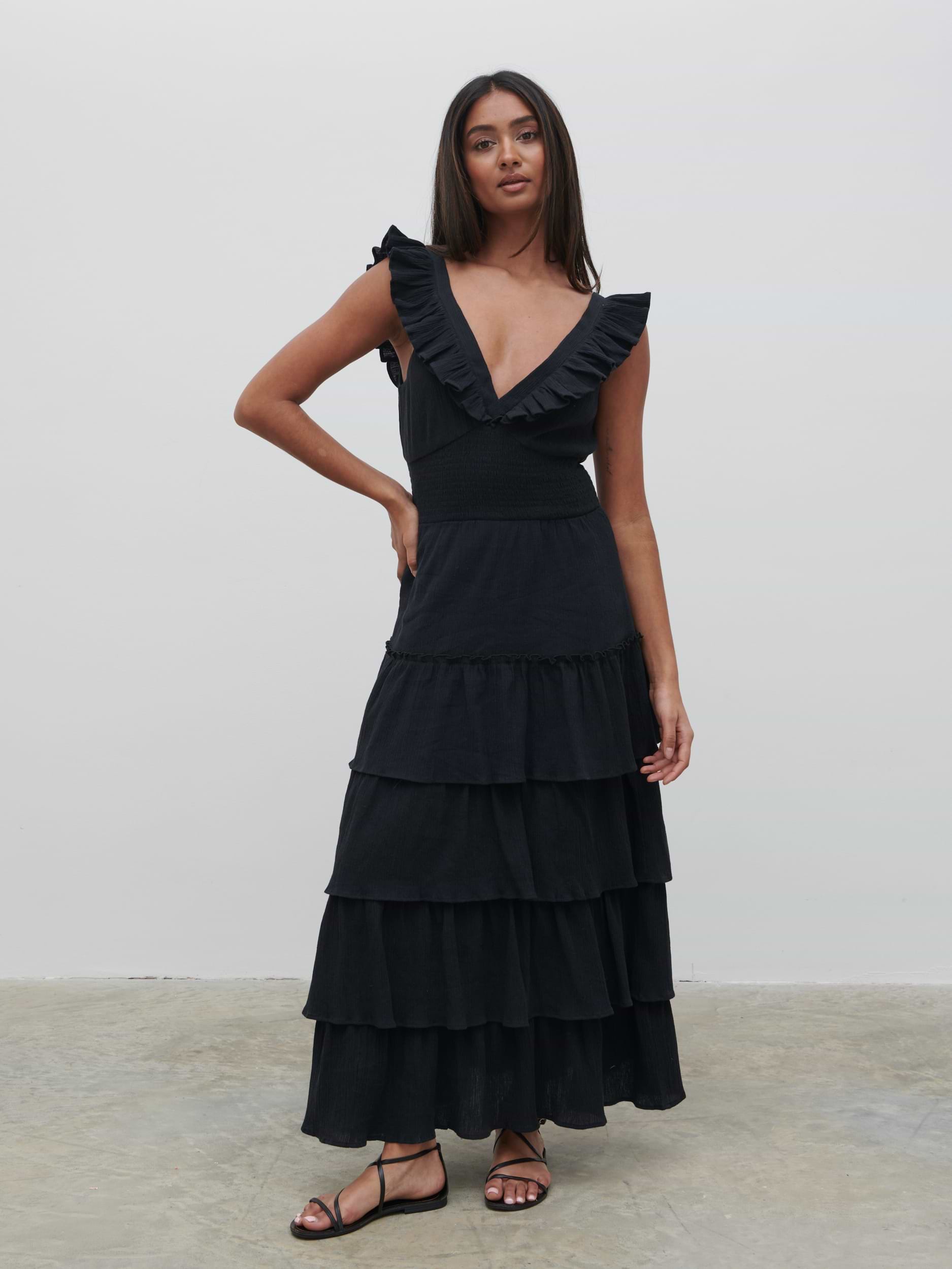 Opal Ruffle Midaxi Dress - Black