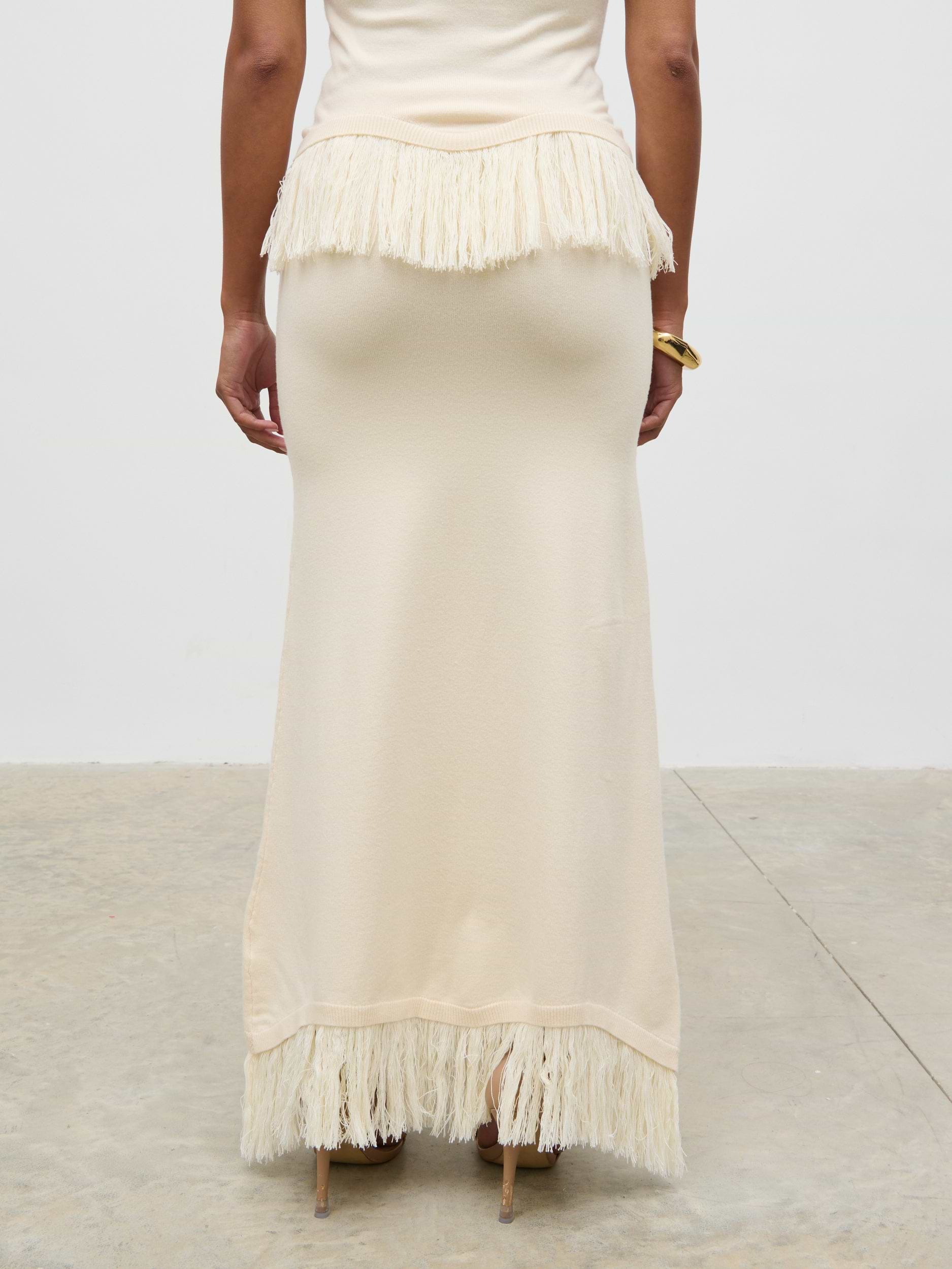 Orlendina Fringe Knit Midaxi Skirt - Cream