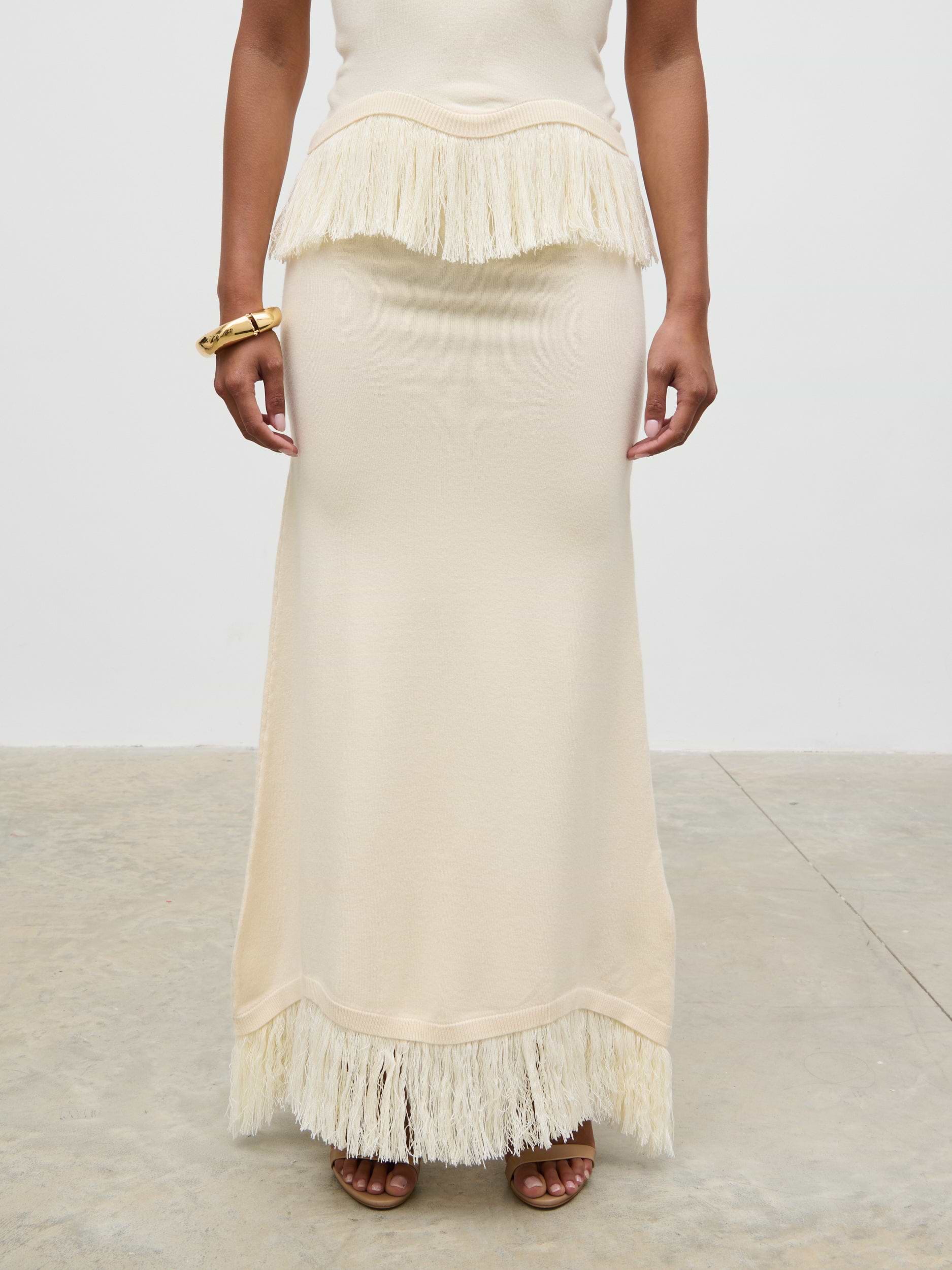 Orlendina Fringe Knit Midaxi Skirt - Cream
