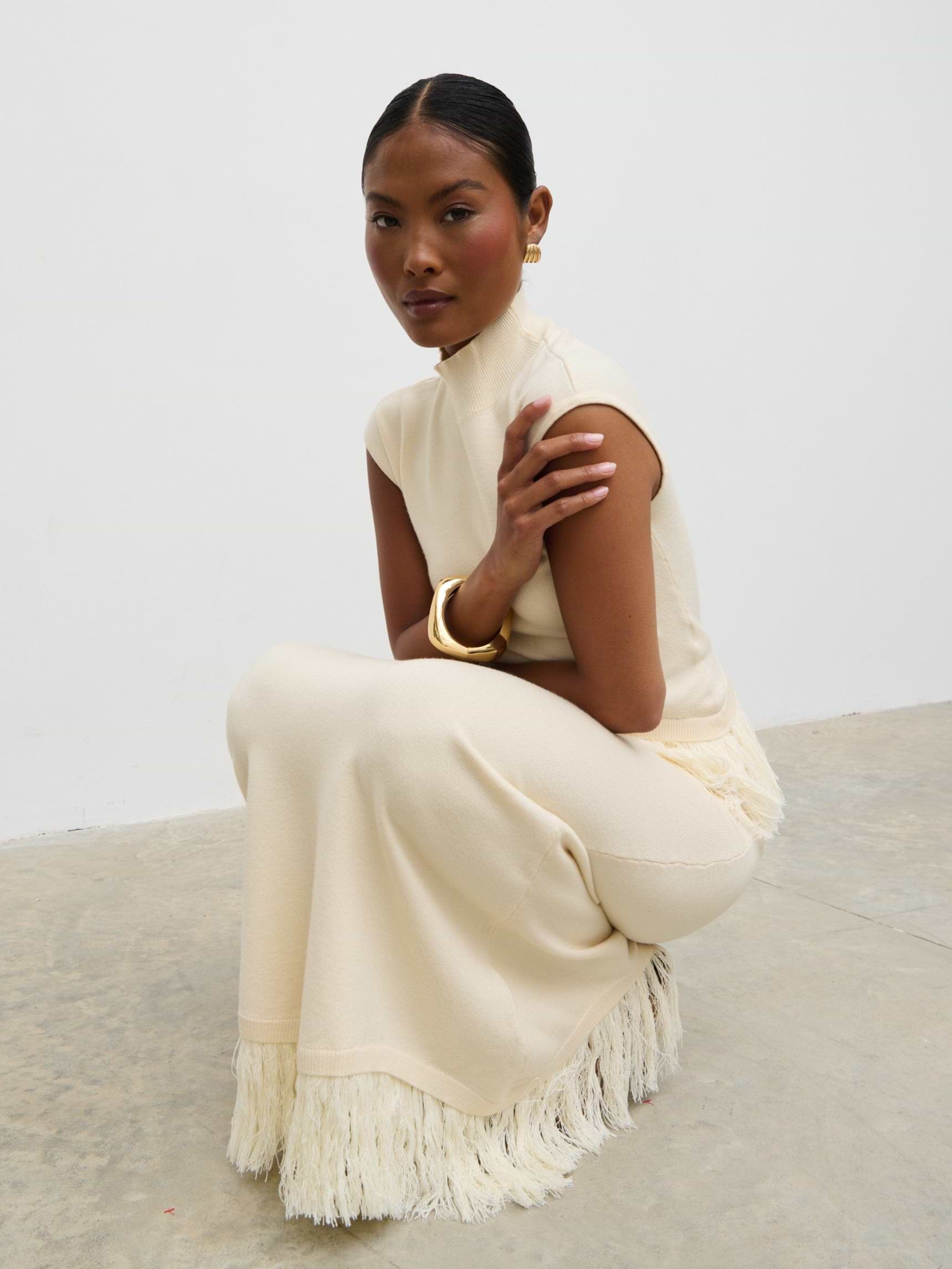 Orlendina Fringe Knit Midaxi Skirt - Cream