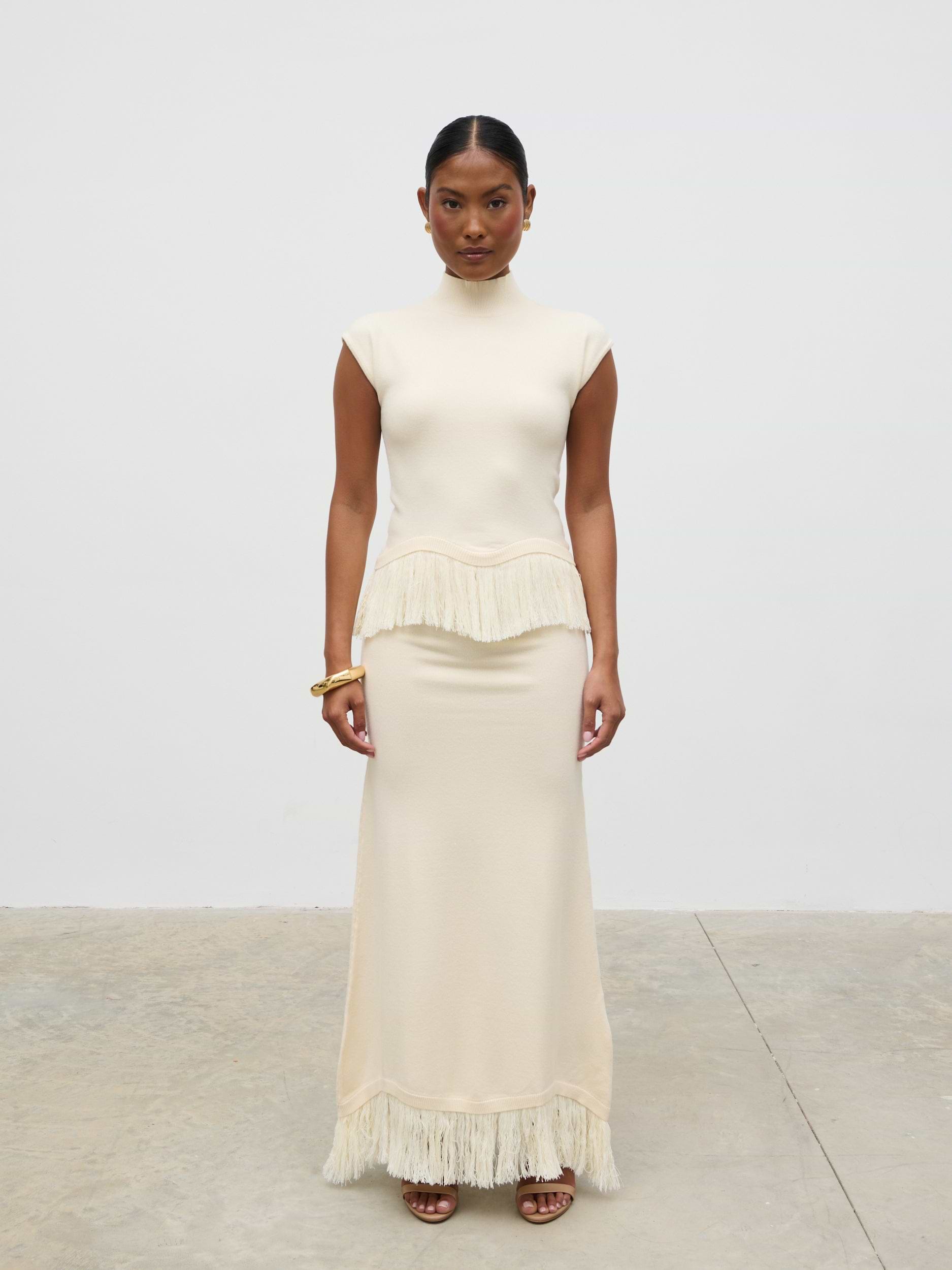 Orlendina Fringe Knit Midaxi Skirt - Cream