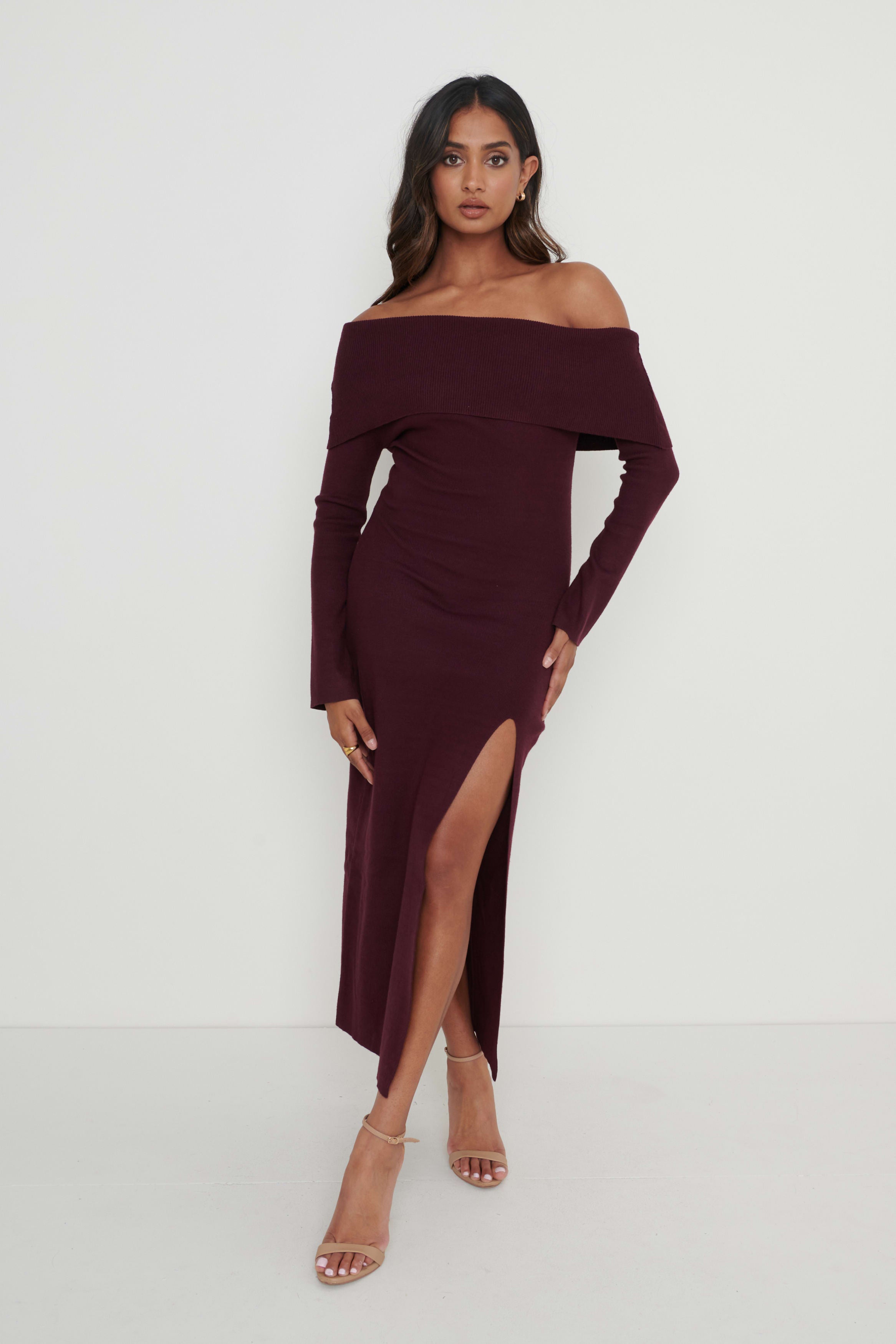 Payton Asymmetric Bardot Knit Dress - Wine