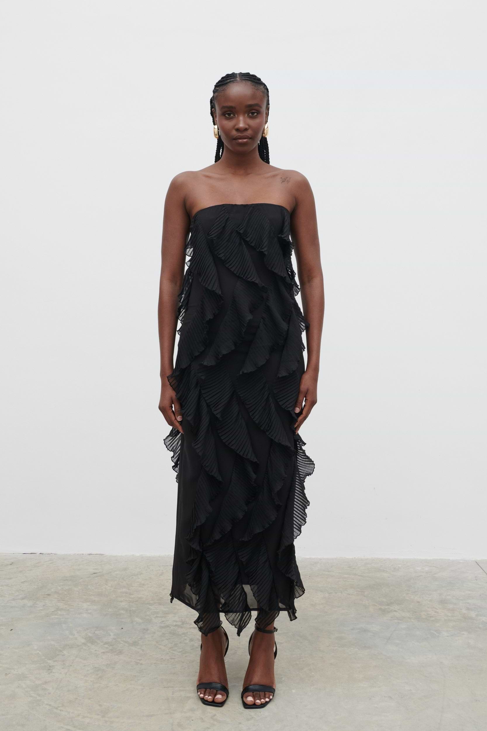 Perla Bandeau Ruffle Midaxi Dress - Black