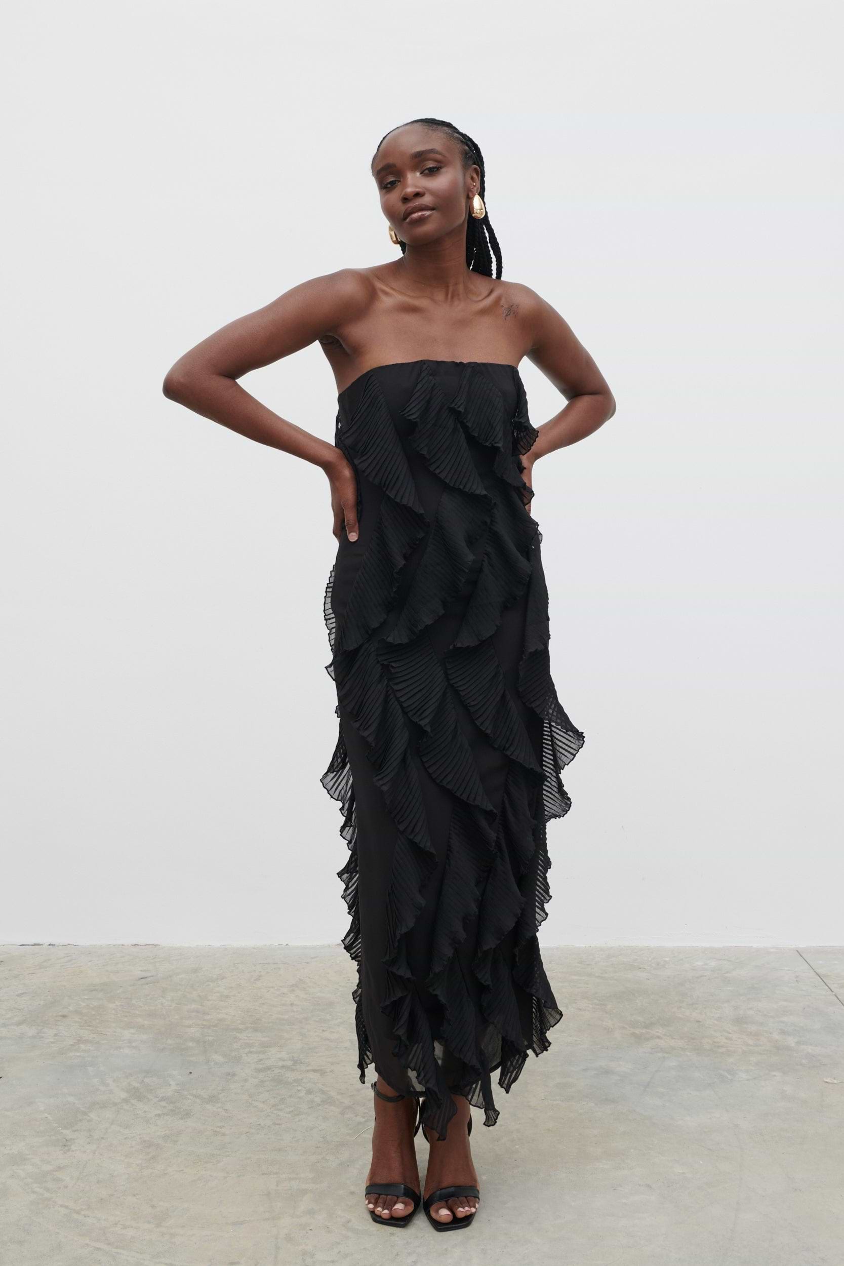 Perla Bandeau Ruffle Midaxi Dress - Black