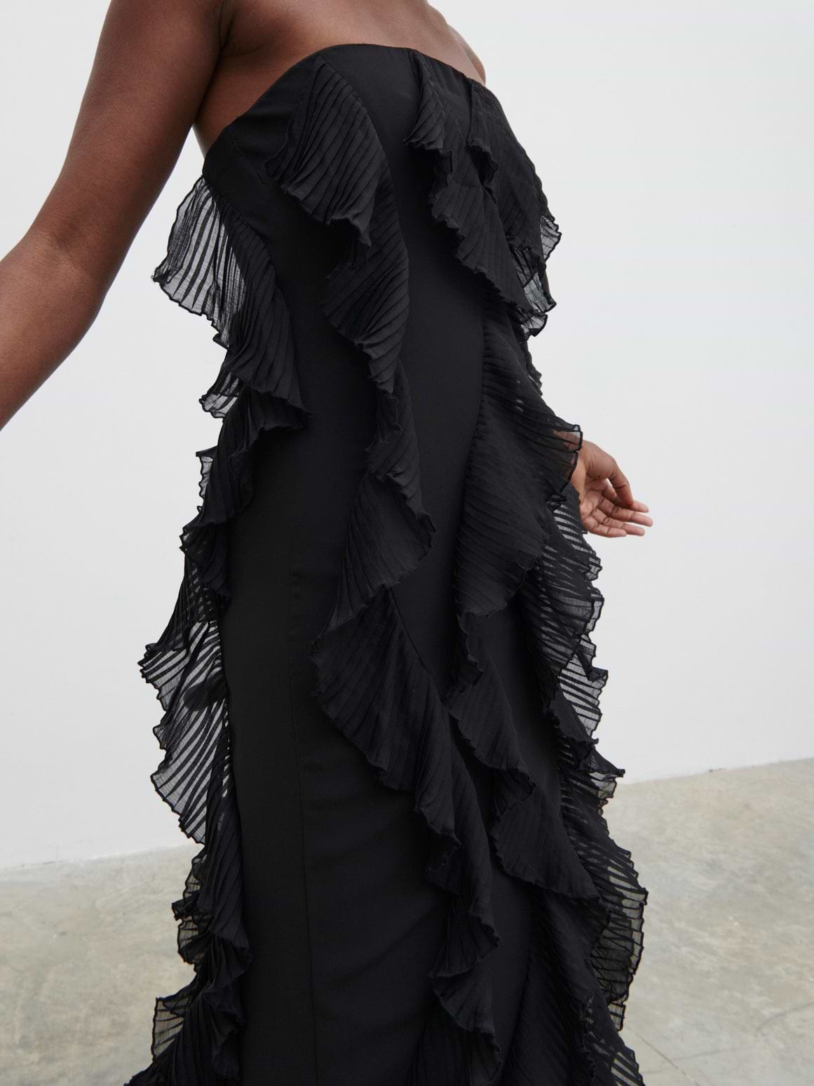Perla Bandeau Ruffle Midaxi Dress - Black