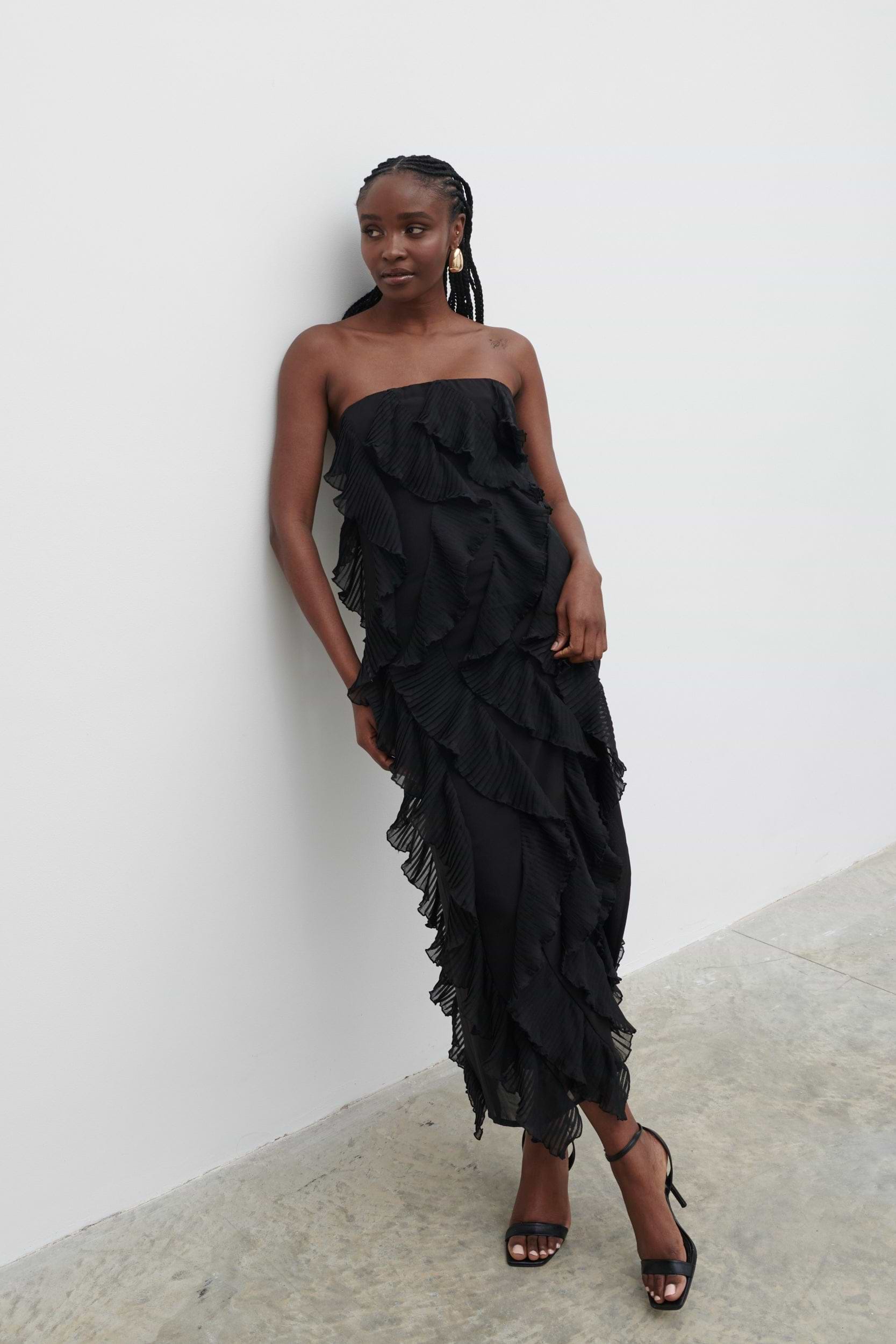 Perla Bandeau Ruffle Midaxi Dress - Black