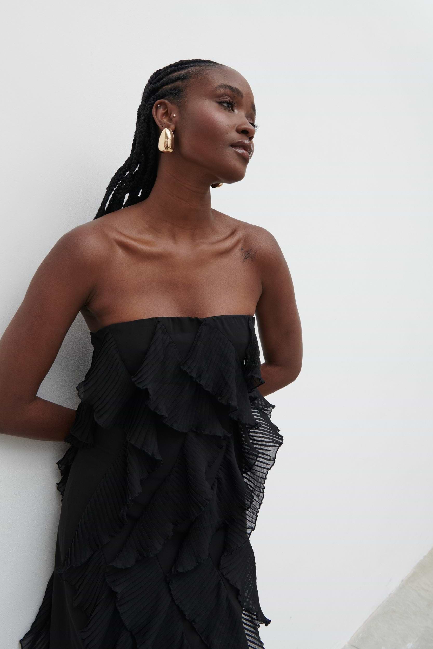 Perla Bandeau Ruffle Midaxi Dress - Black