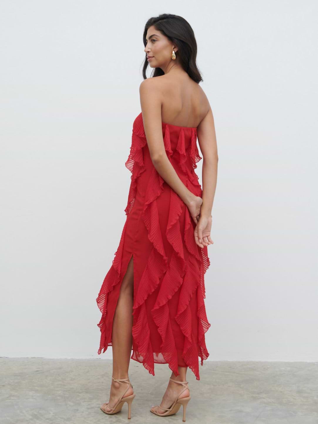 Perla Bandeau Ruffle Midaxi Dress - Red