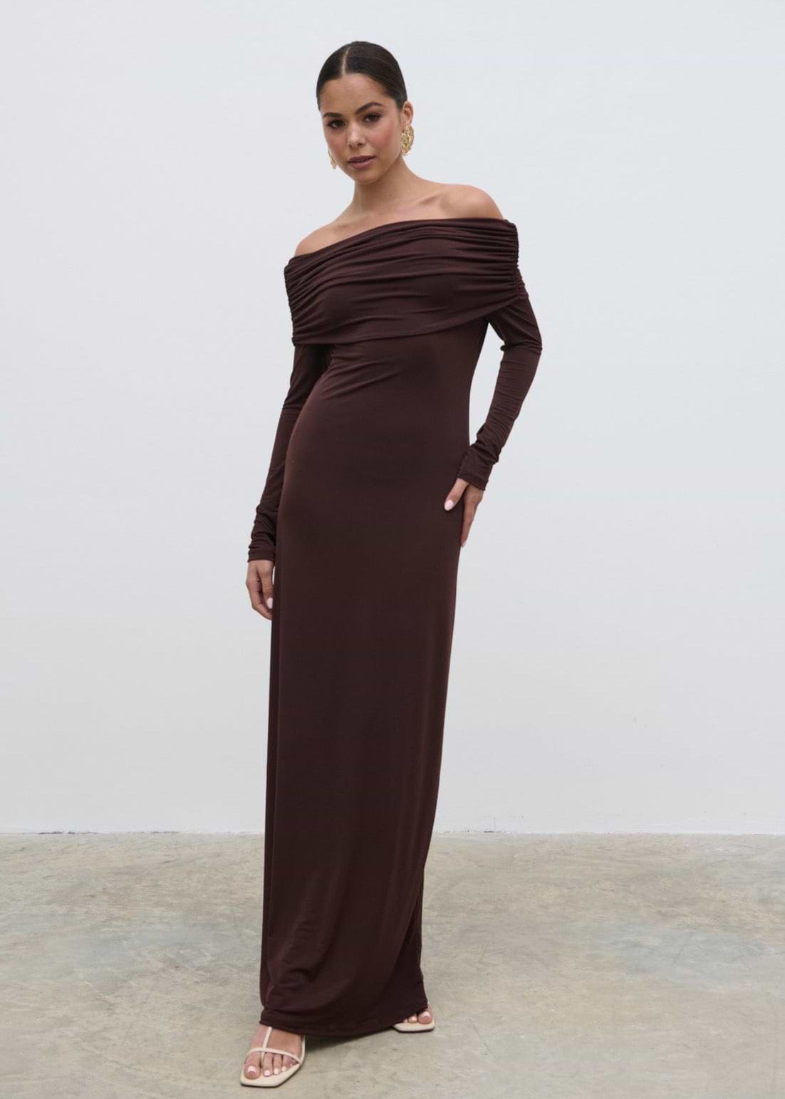 Perrie Bardot Jersey Maxi Dress - Brown