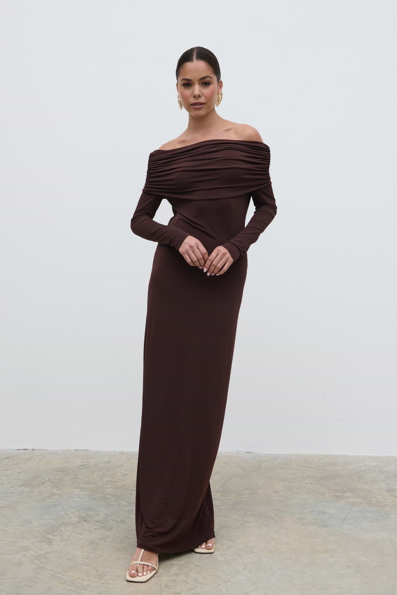 Perrie Bardot Jersey Maxi Dress - Brown
