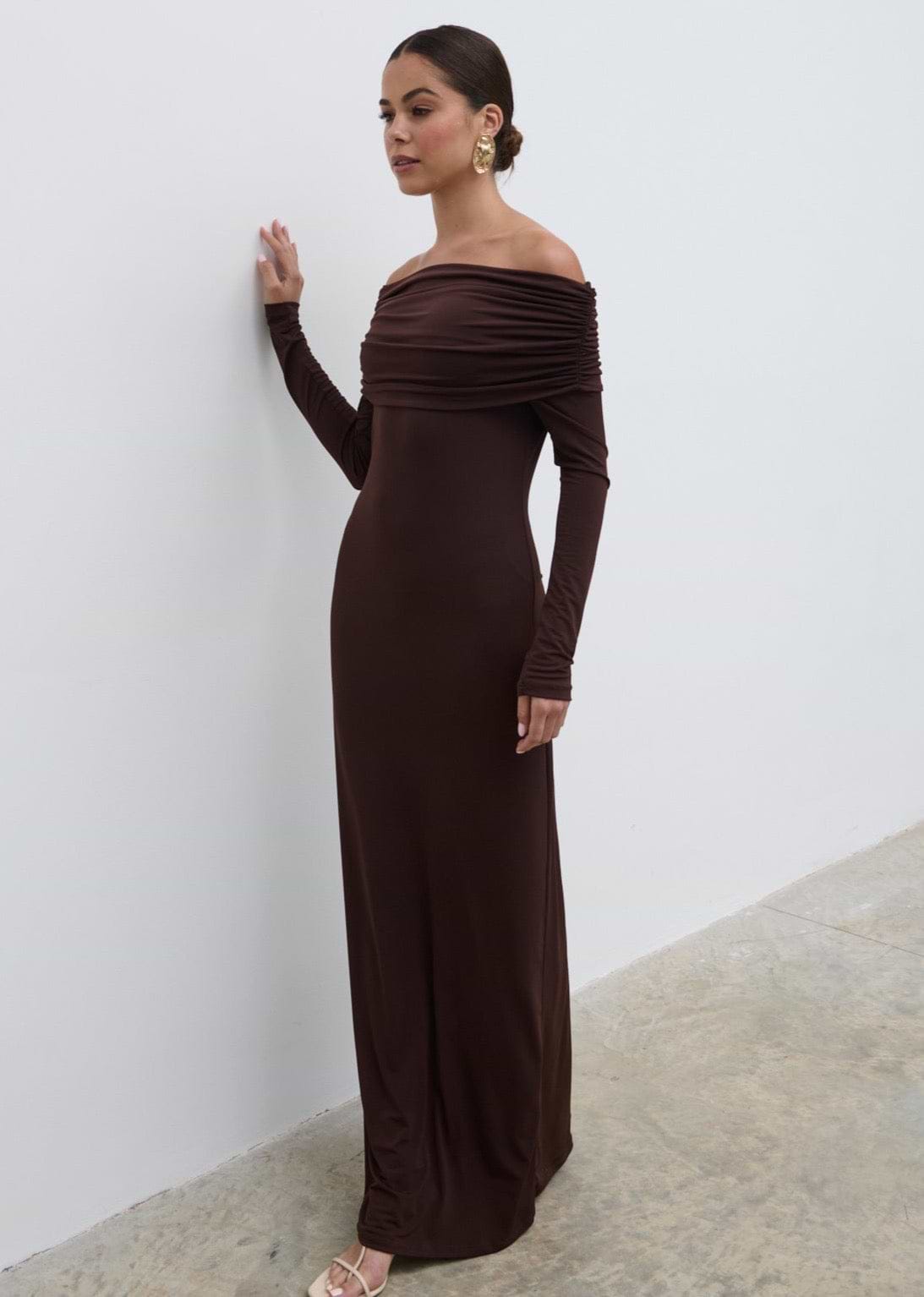 Perrie Bardot Jersey Maxi Dress - Brown