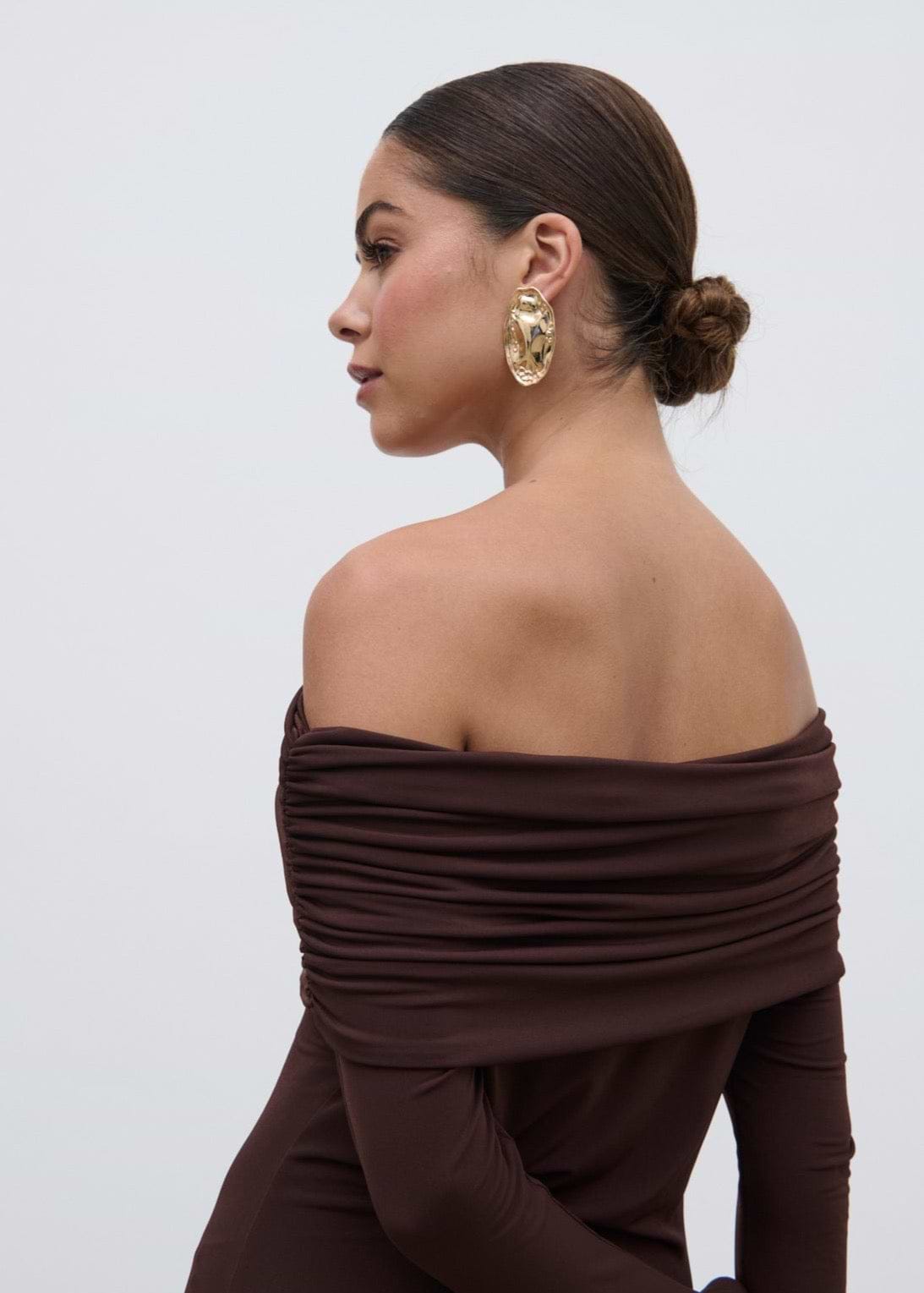 Perrie Bardot Jersey Maxi Dress - Brown