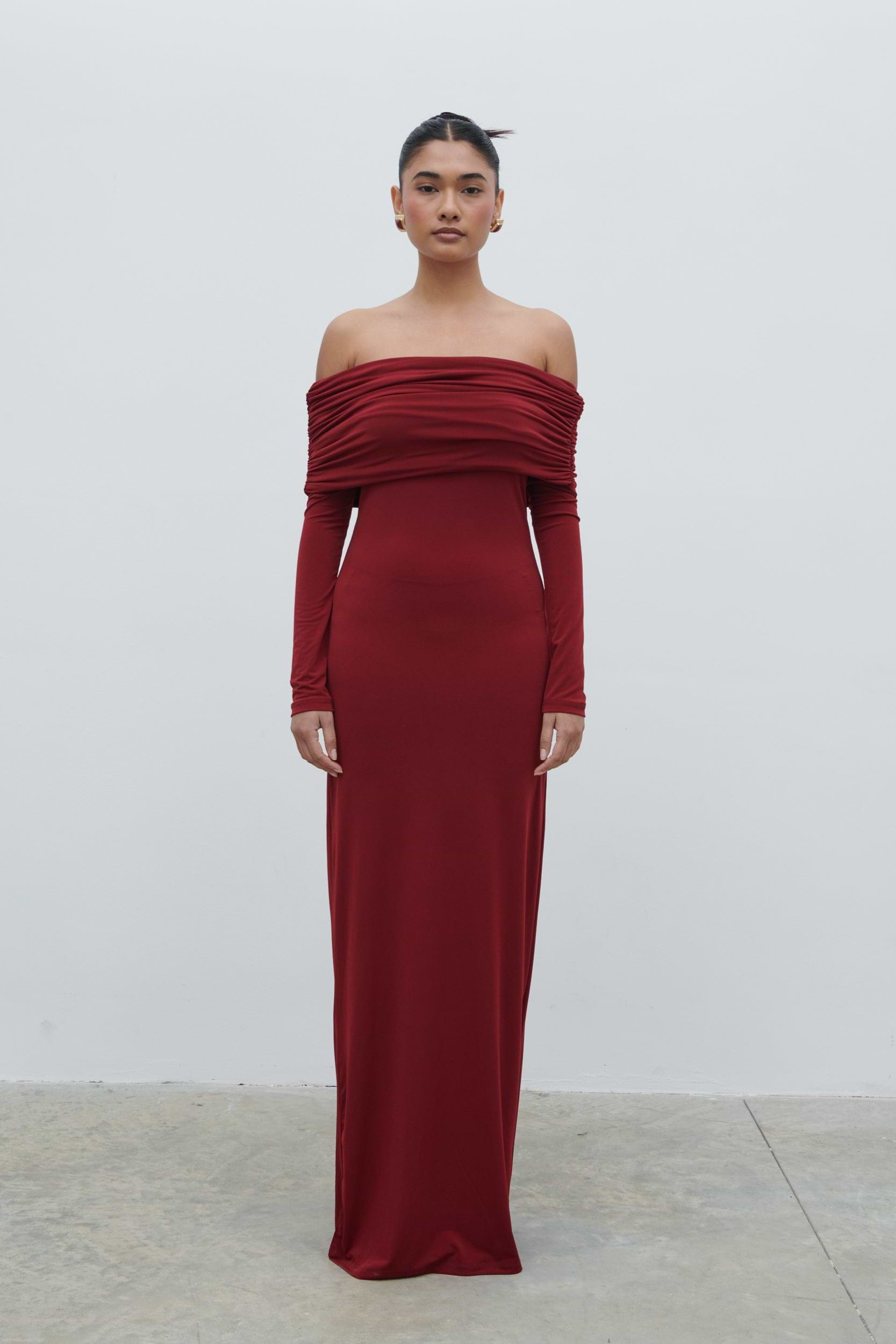 Perrie Bardot Jersey Maxi Dress - Burgundy