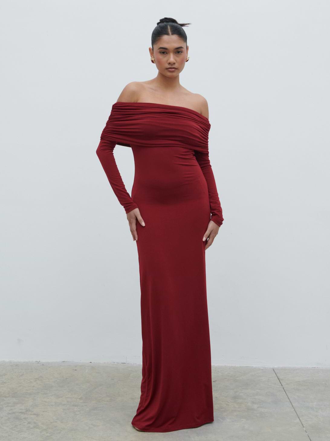 Perrie Bardot Jersey Maxi Dress - Burgundy