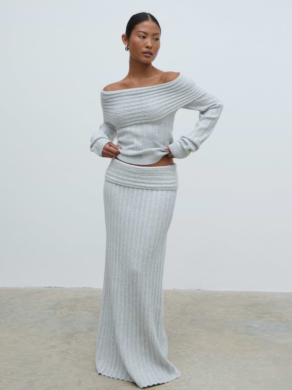 Petra Bardot Cosy Rib Knit Jumper - Grey Marl