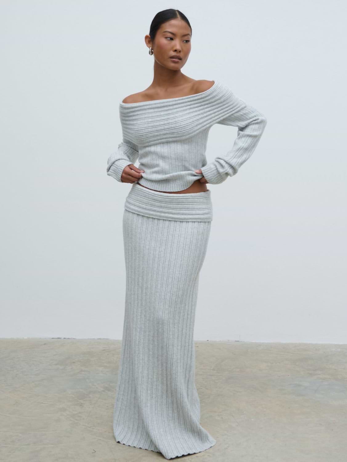 Petra Cosy Rib Knit Maxi Skirt - Grey Marl