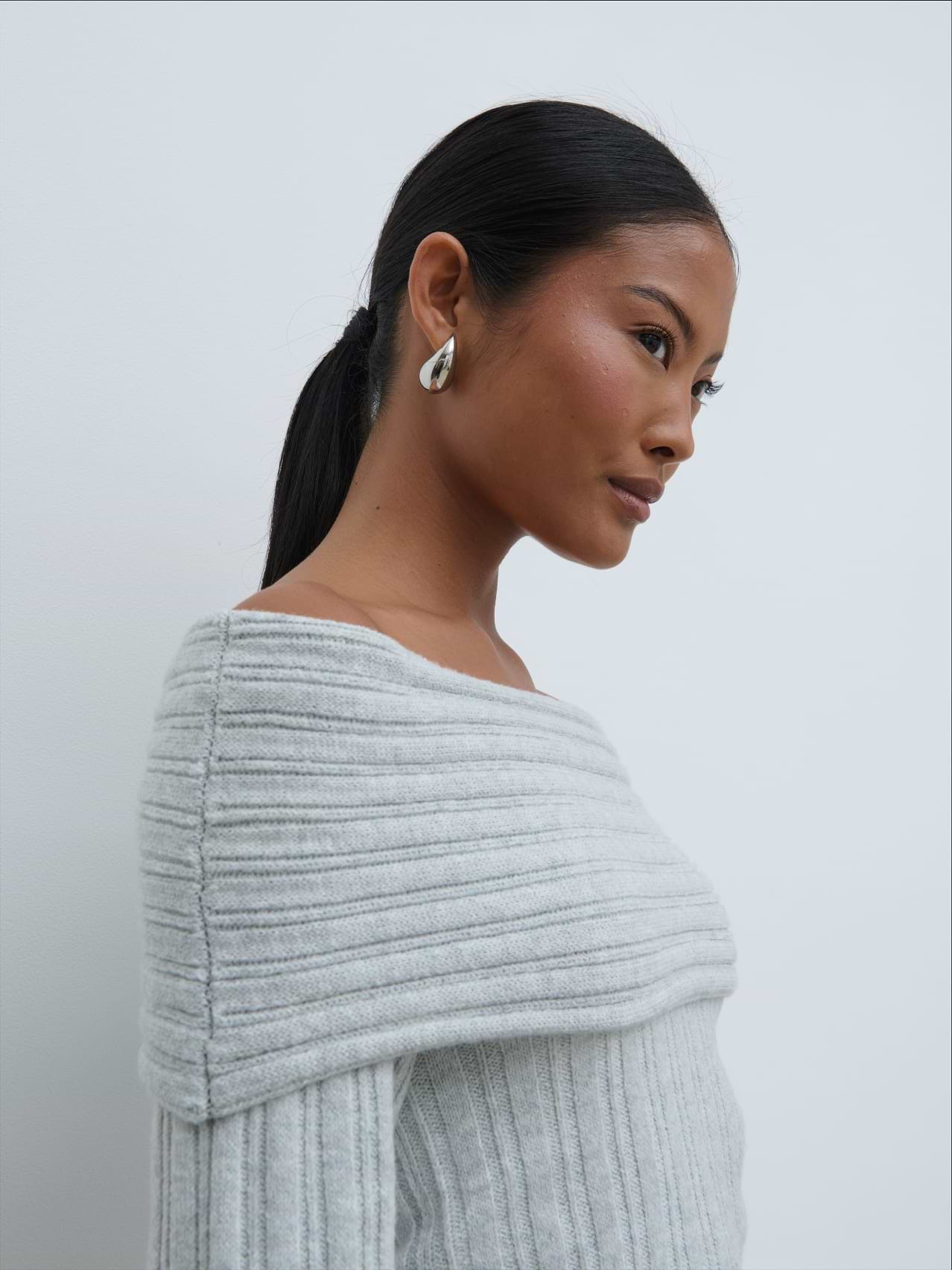 Petra Bardot Cosy Rib Knit Jumper - Grey Marl