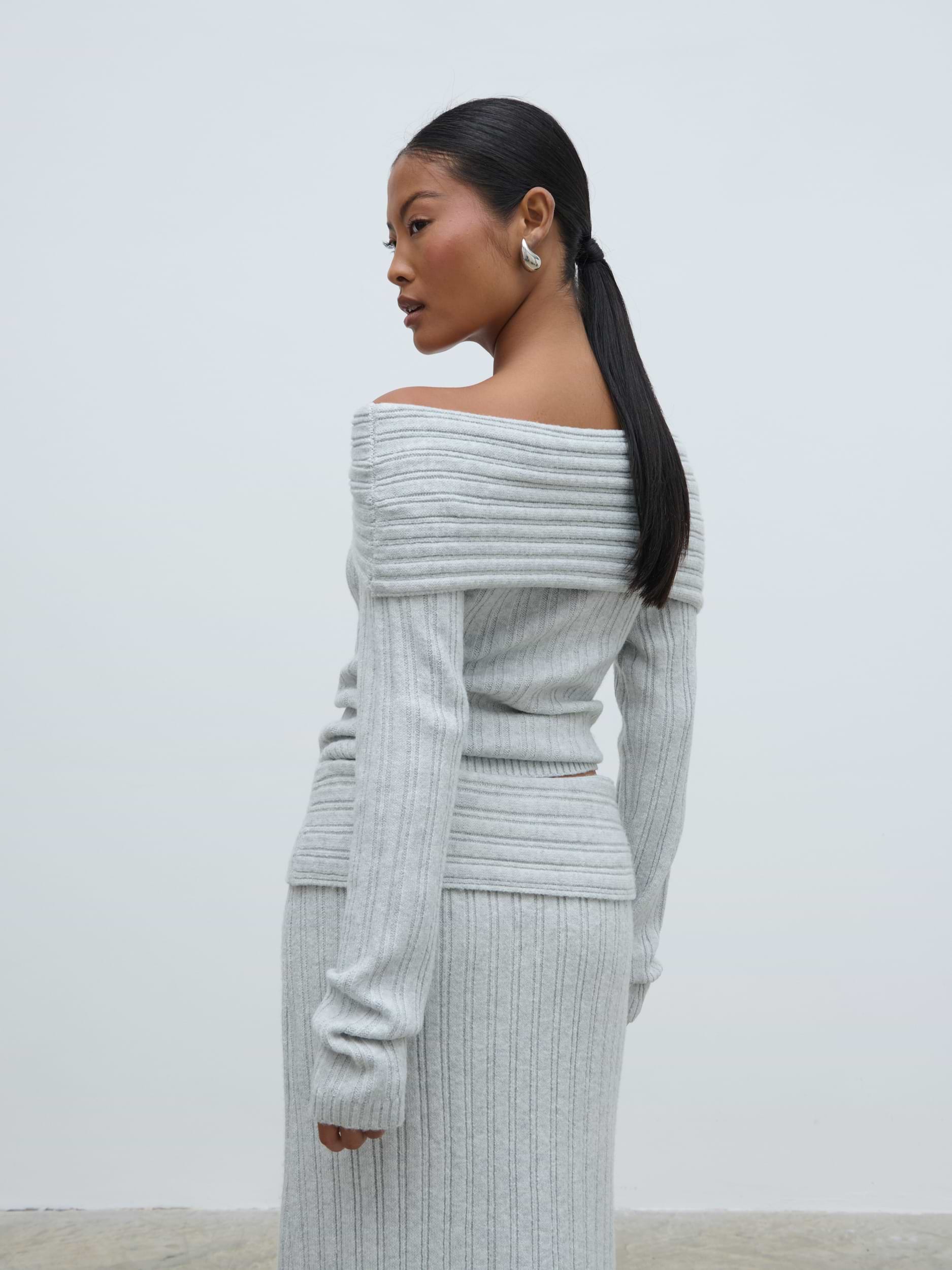 Petra Bardot Cosy Rib Knit Jumper - Grey Marl