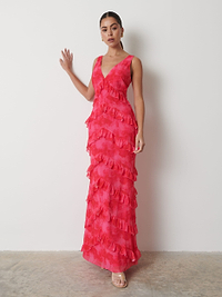 Piper Ruffle Maxi Dress - Pink and Red Watercolour