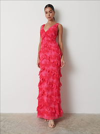 Piper Ruffle Maxi Dress - Pink and Red Watercolour