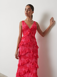 Piper Ruffle Maxi Dress - Pink and Red Watercolour