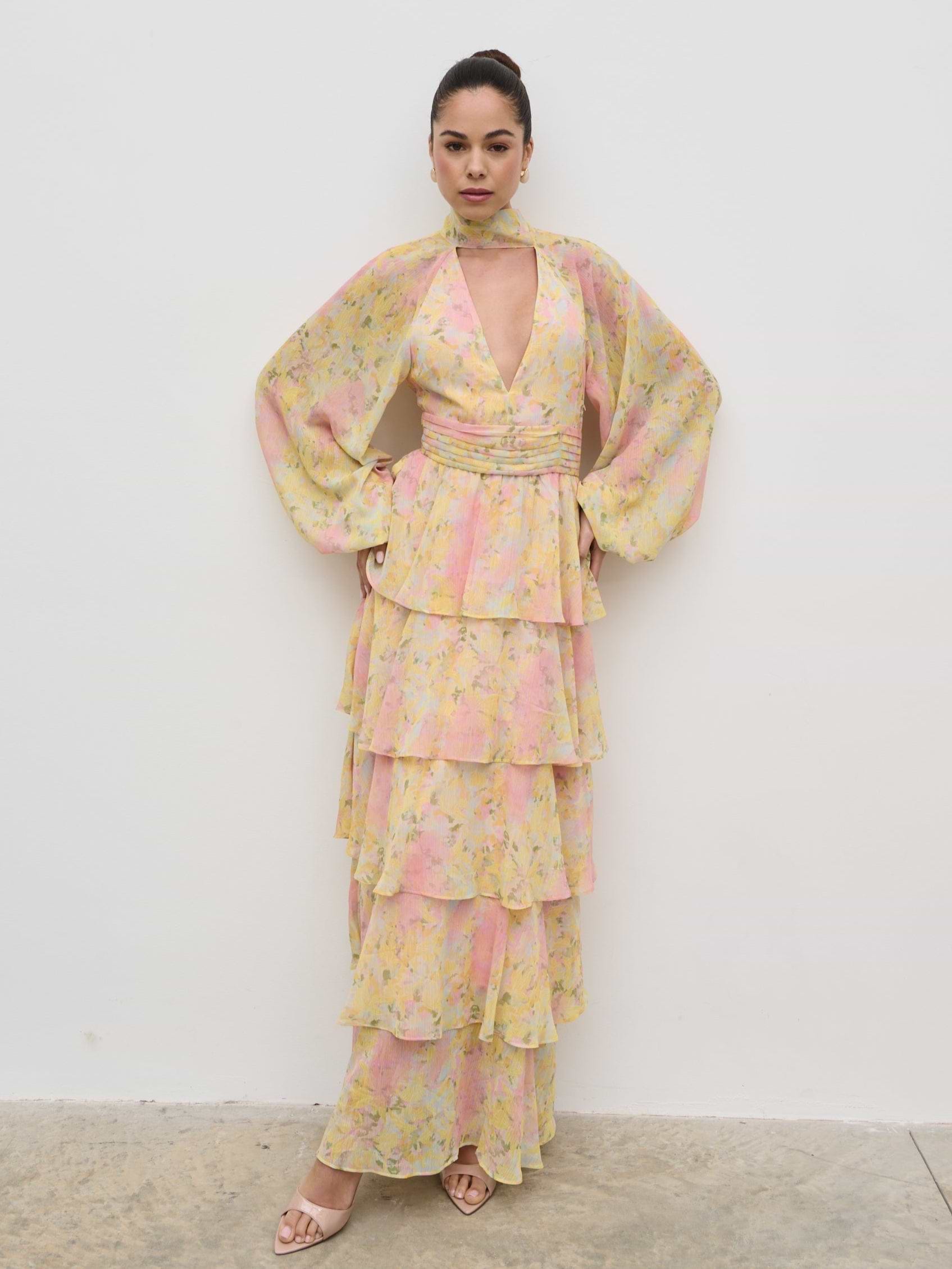 Anya Ruffle Maxi Dress - Pastel Multi Abstract Print
