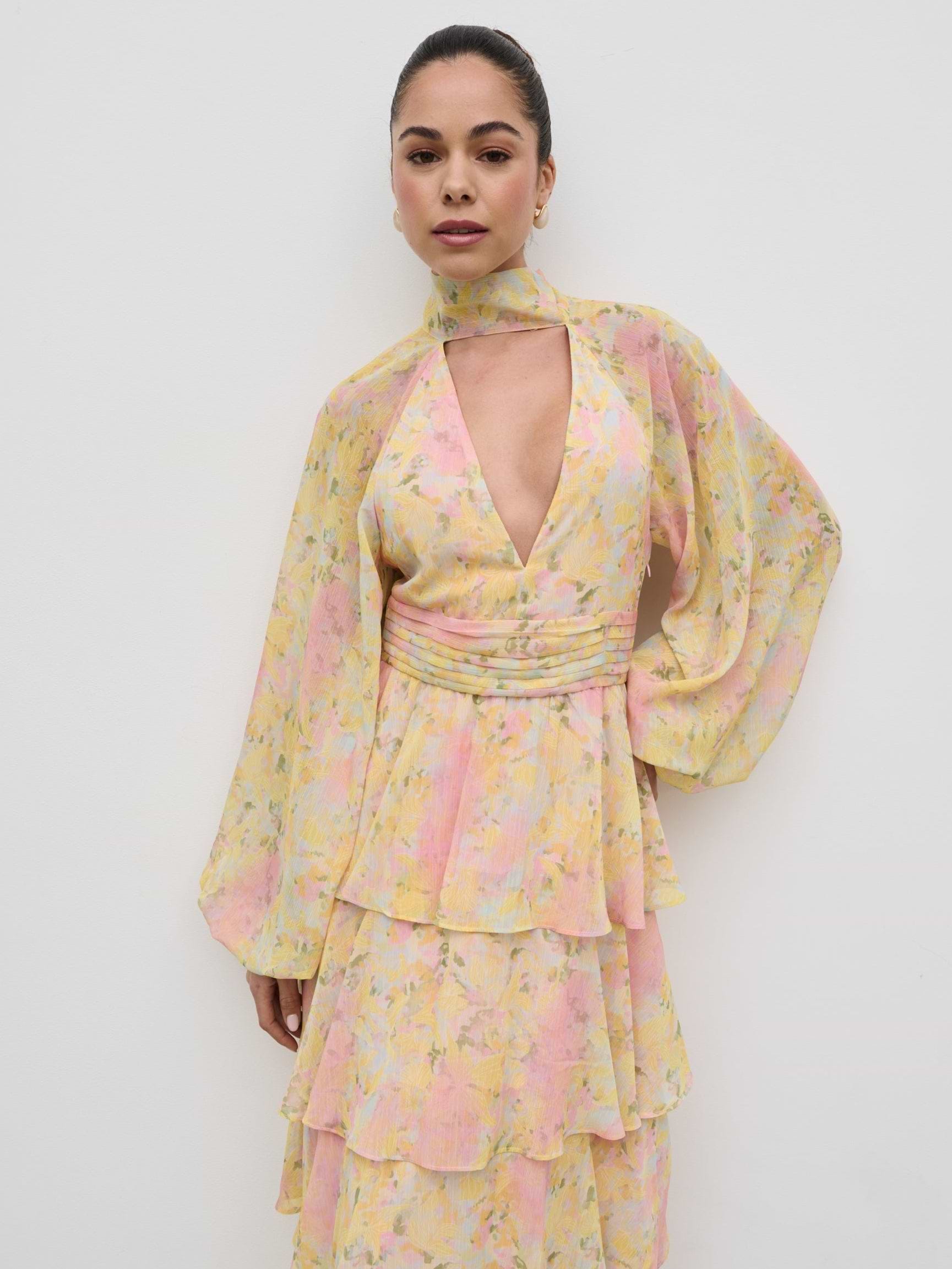 Anya Ruffle Maxi Dress - Pastel Multi Abstract Print