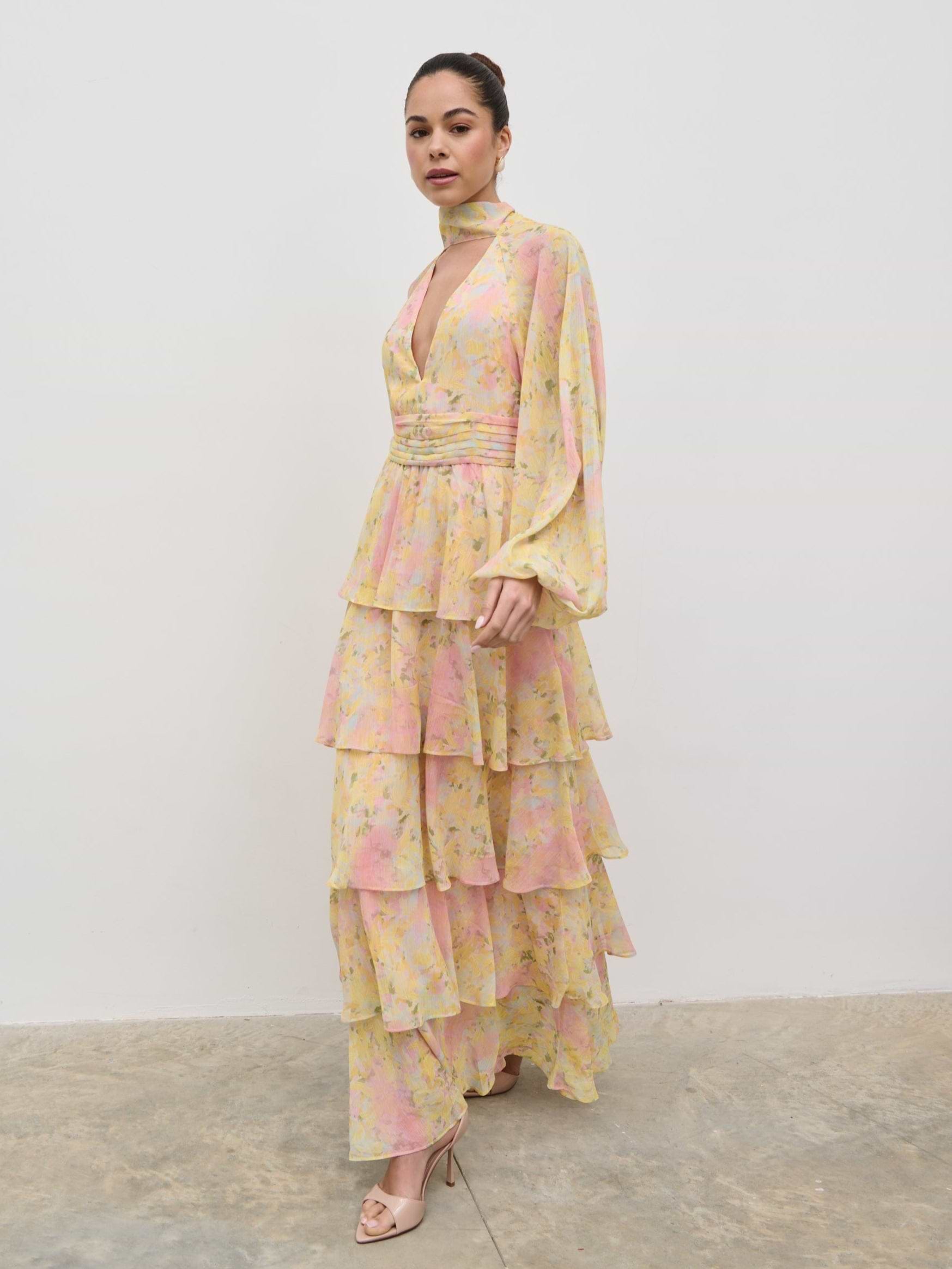 Anya Ruffle Maxi Dress - Pastel Multi Abstract Print
