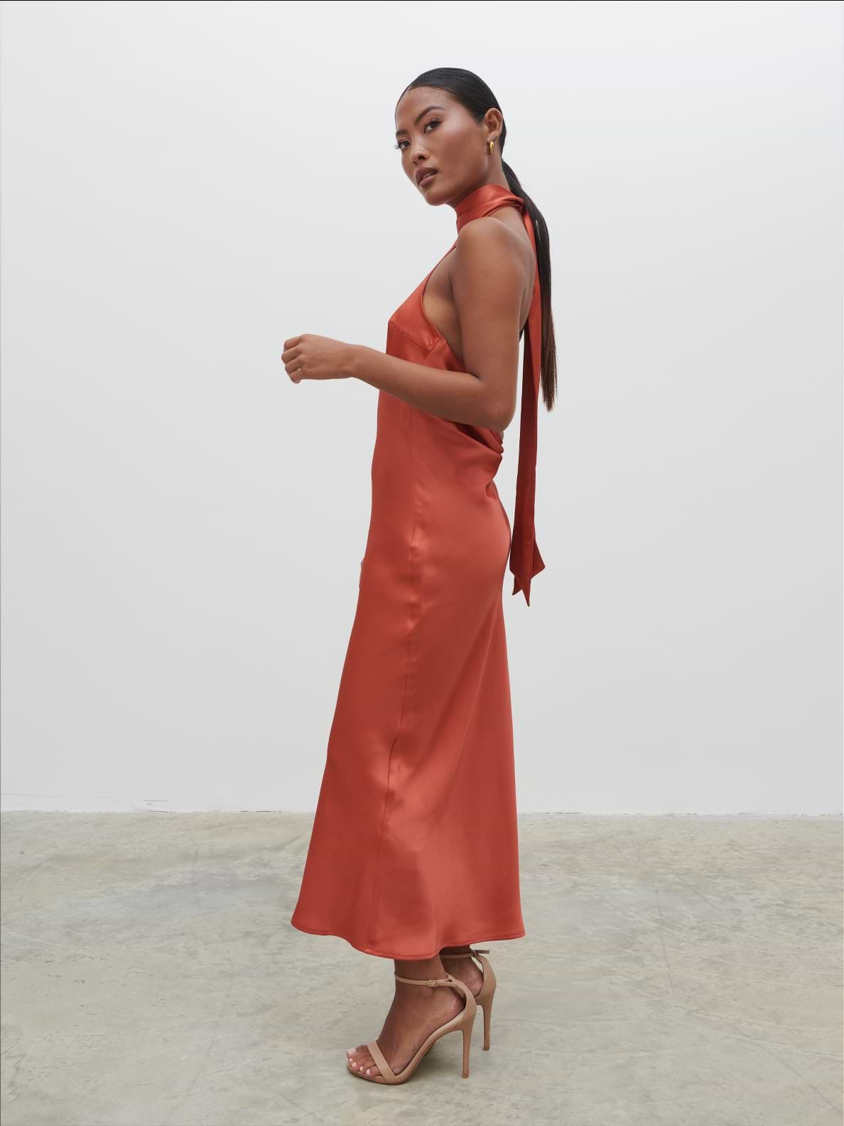 Raleigh Recycled Cowl Back Midaxi Dress - Terracotta