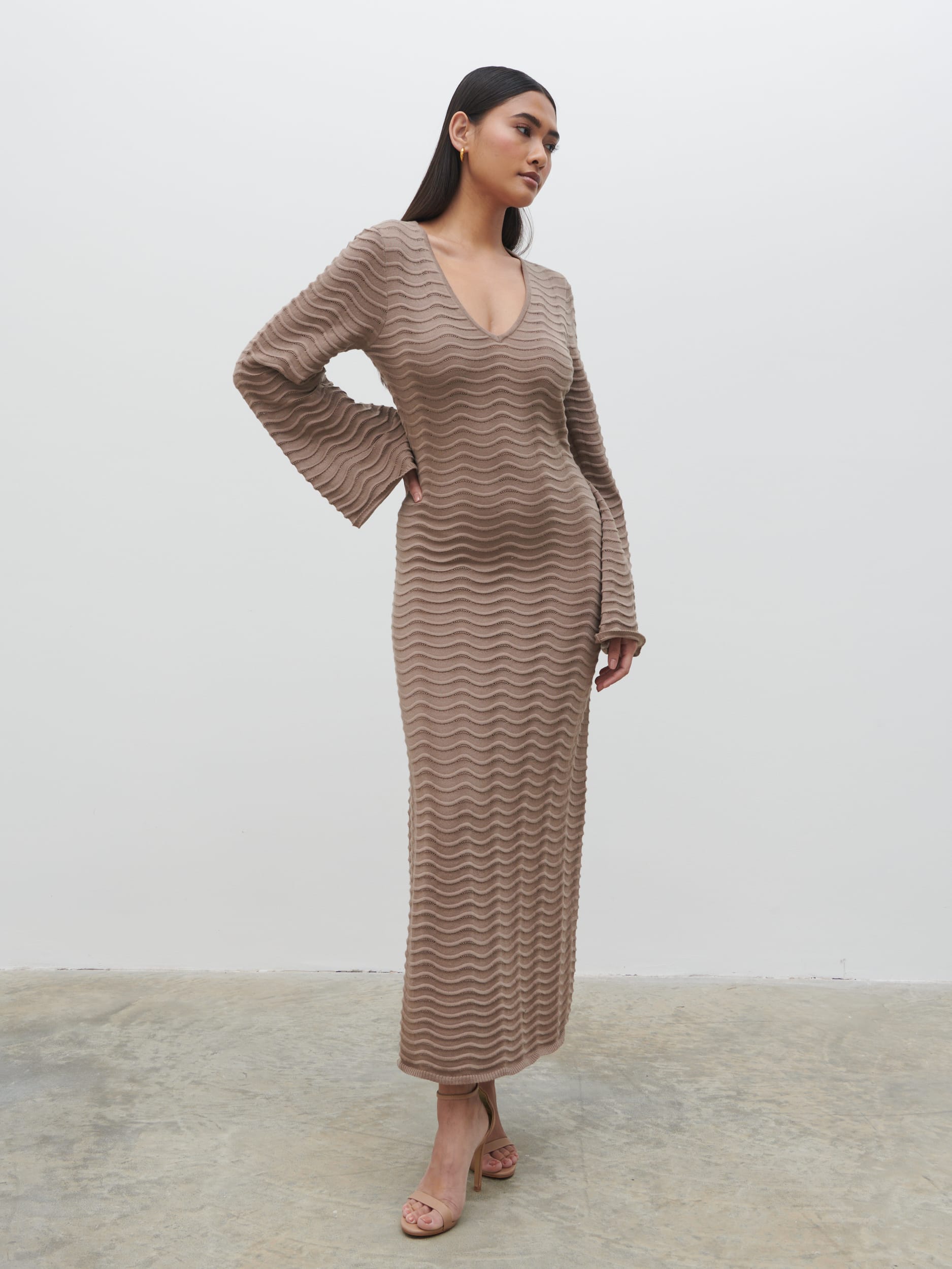 Rhi V Neck Knit Midaxi Dress - Stone