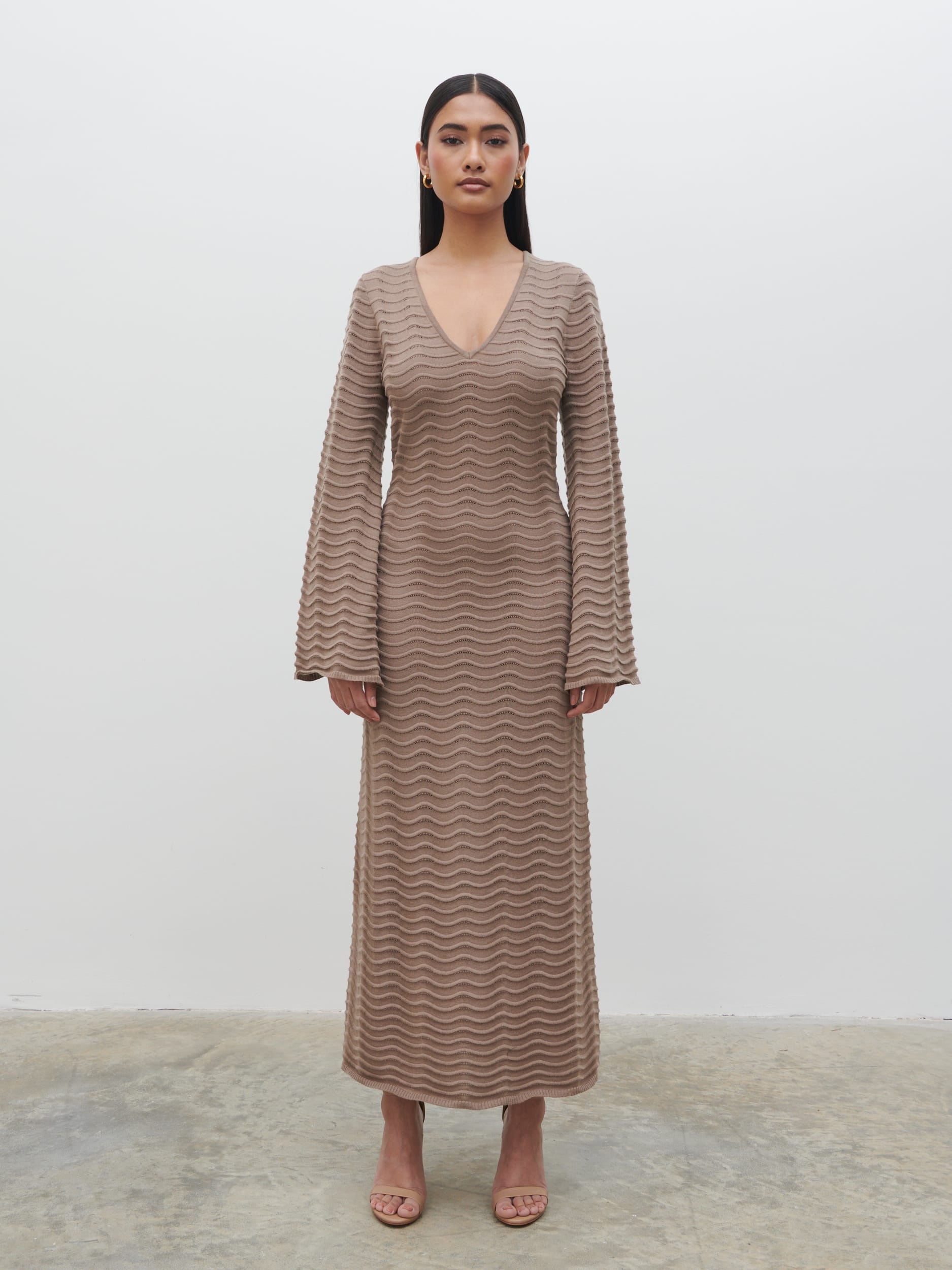 Rhi V Neck Knit Midaxi Dress - Stone