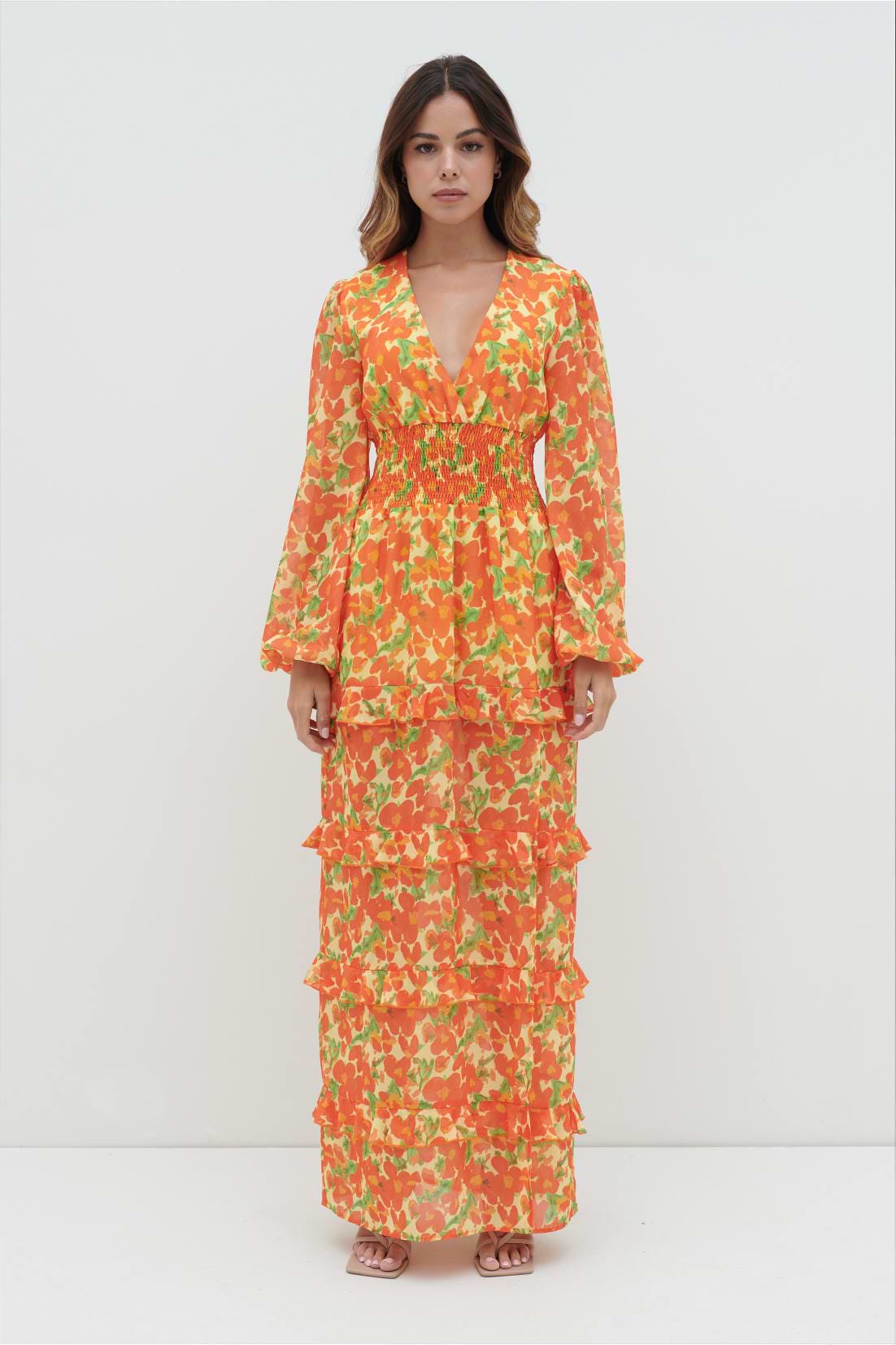 Rochelle Shirred Waist Maxi Dress - Orange and Yellow Floral