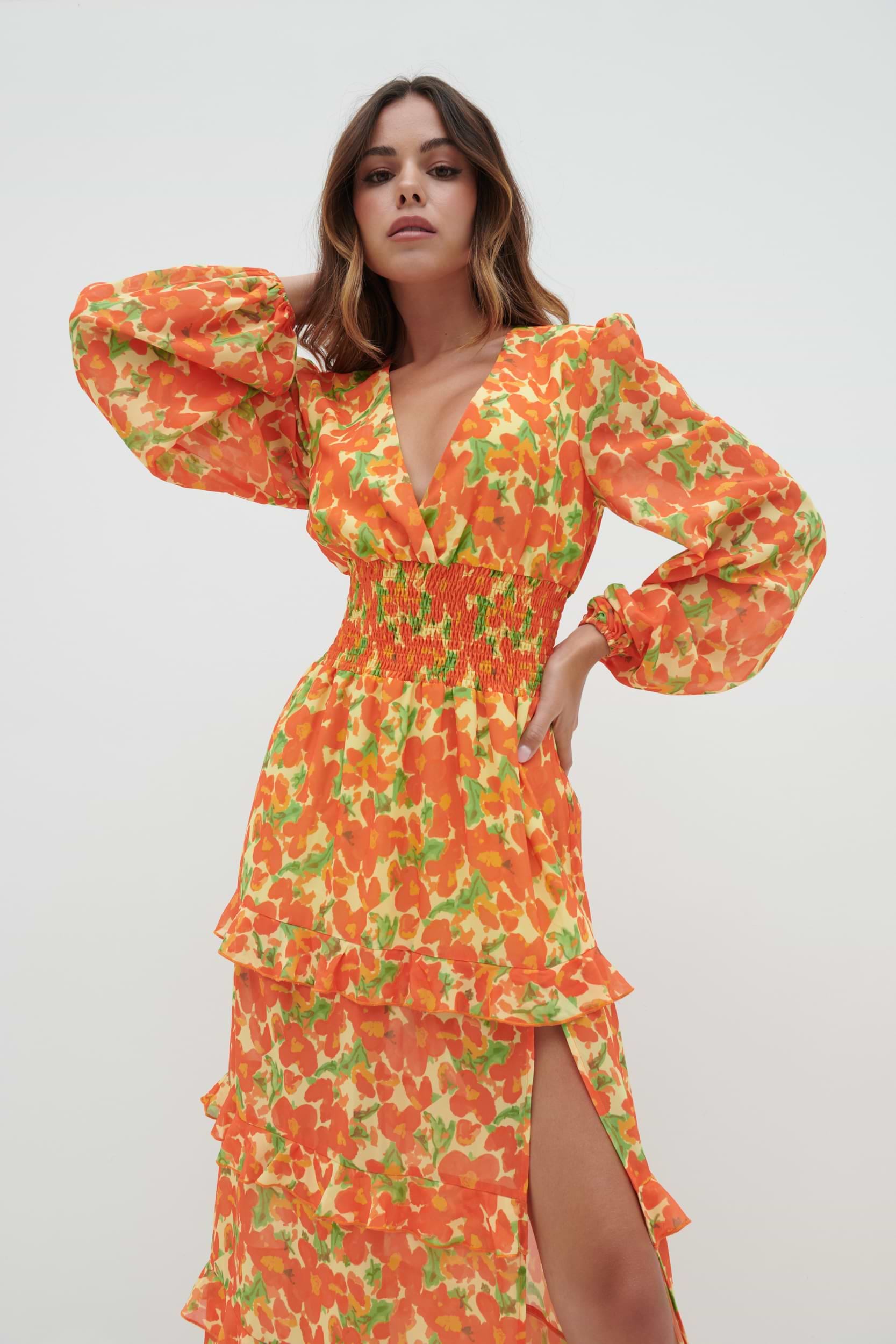 Rochelle Shirred Waist Maxi Dress - Orange and Yellow Floral