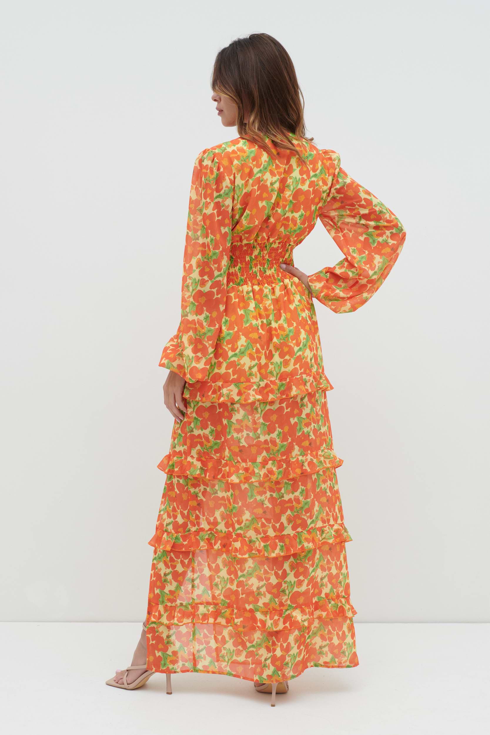 Rochelle Shirred Waist Maxi Dress - Orange and Yellow Floral
