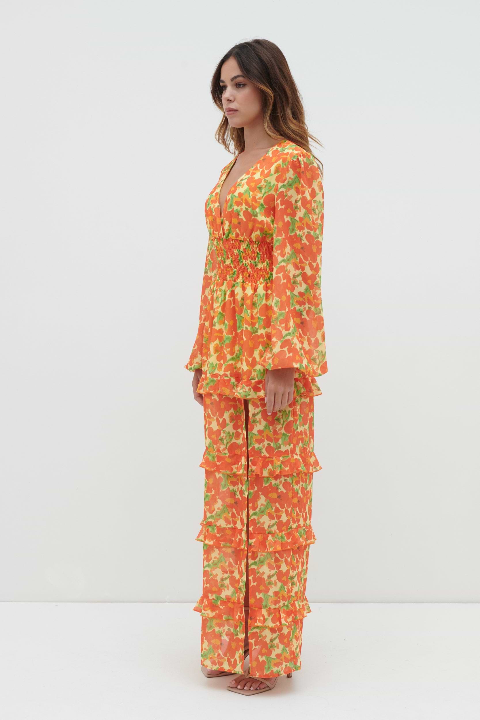 Rochelle Shirred Waist Maxi Dress - Orange and Yellow Floral