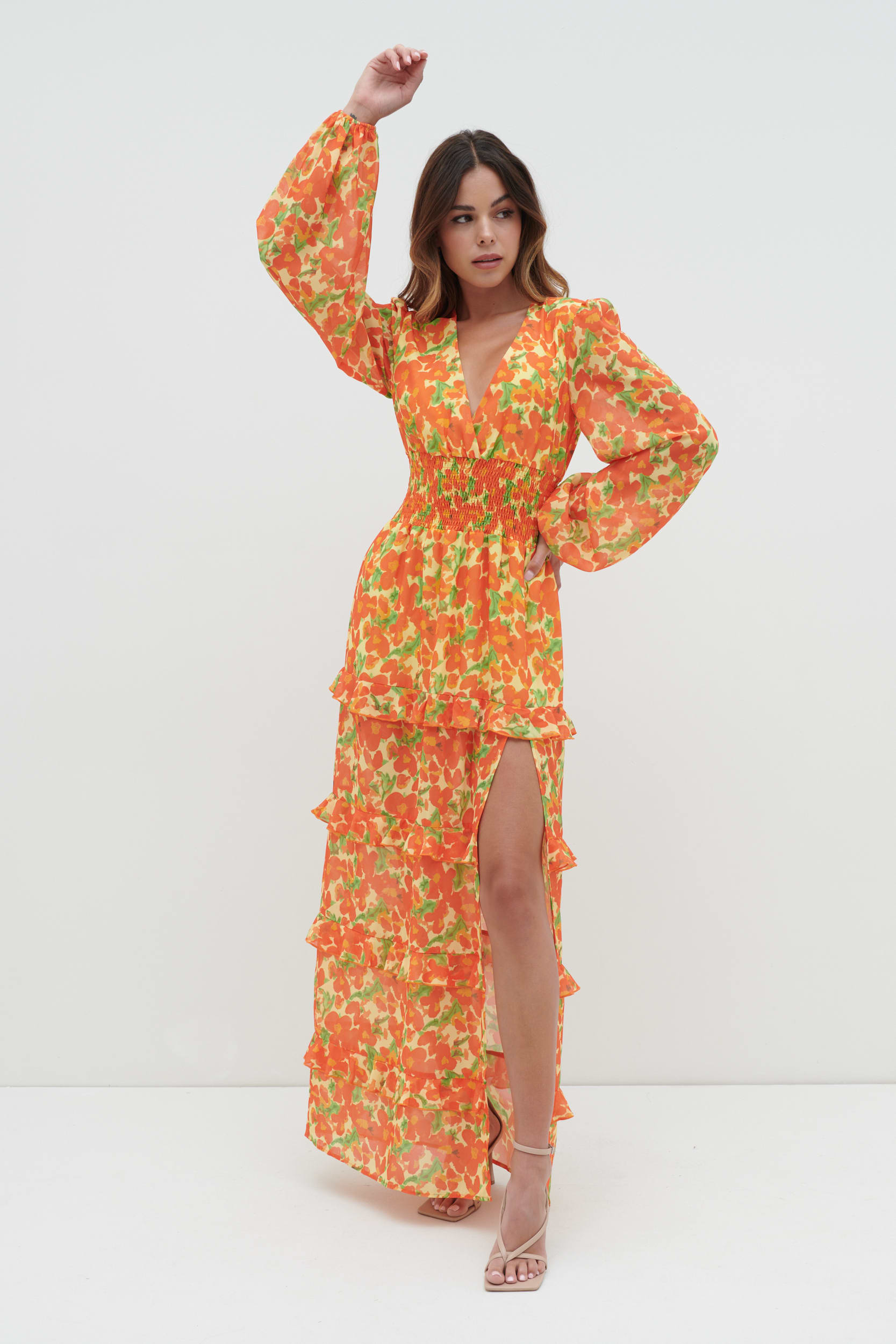 Rochelle Shirred Waist Maxi Dress - Orange and Yellow Floral