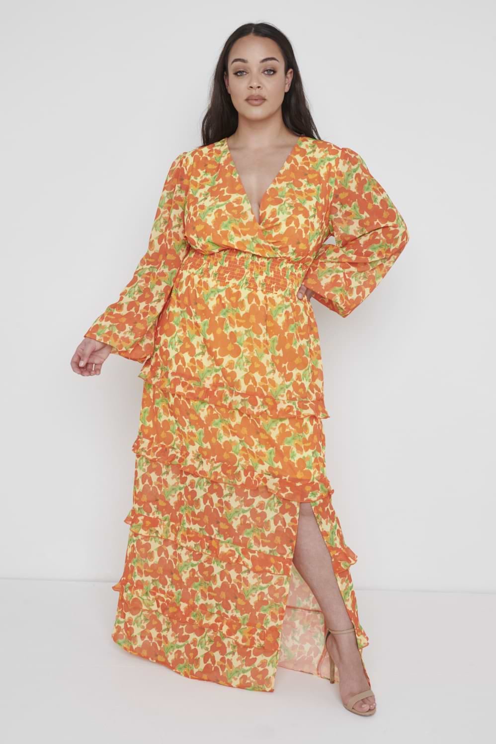 Rochelle Shirred Waist Maxi Dress Curve - Orange and Yellow Floral