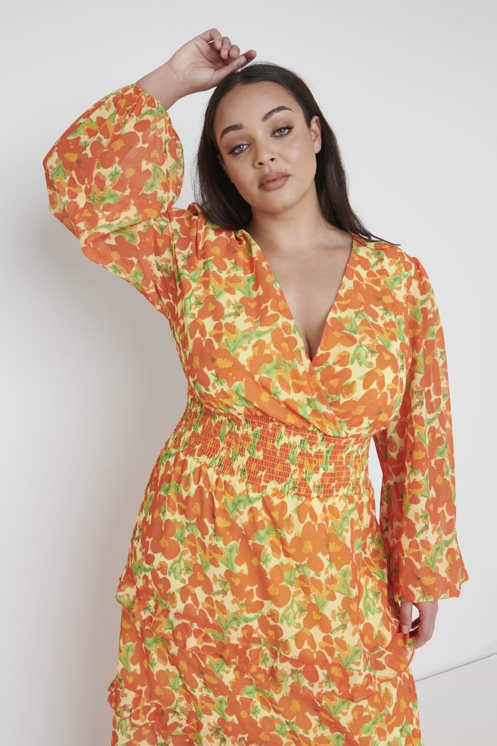 Rochelle Shirred Waist Maxi Dress Curve - Orange and Yellow Floral