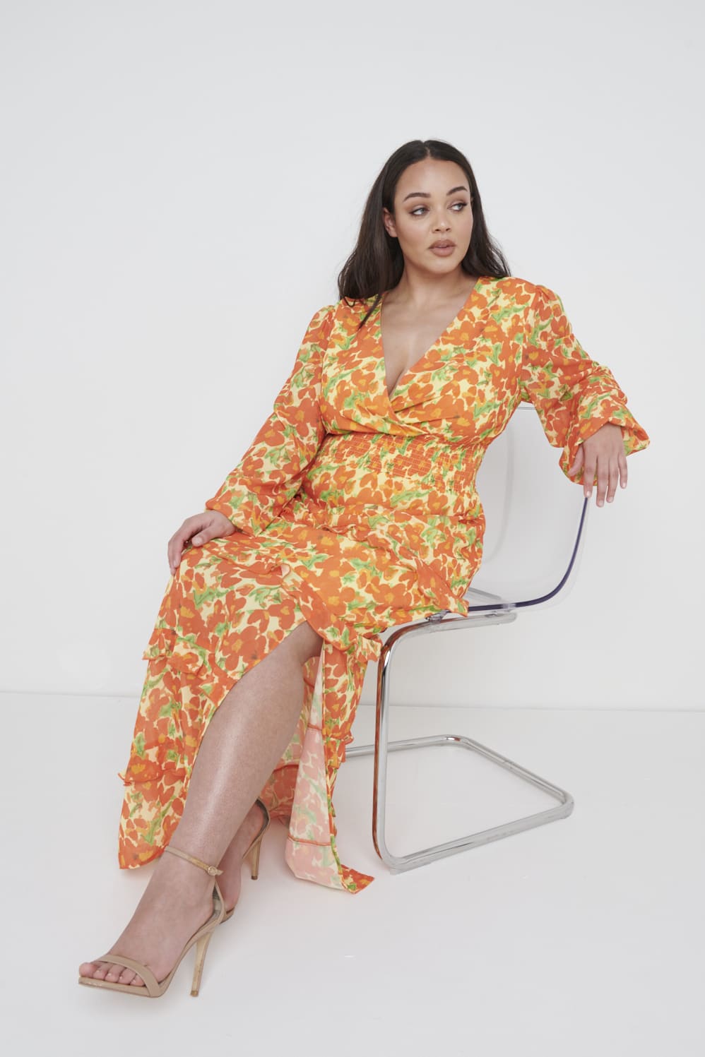 Rochelle Shirred Waist Maxi Dress Curve - Orange and Yellow Floral
