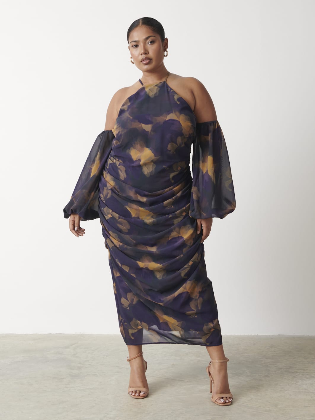 Roma Ruched Midaxi Dress Curve - Dark Amethyst & Saffron Floral