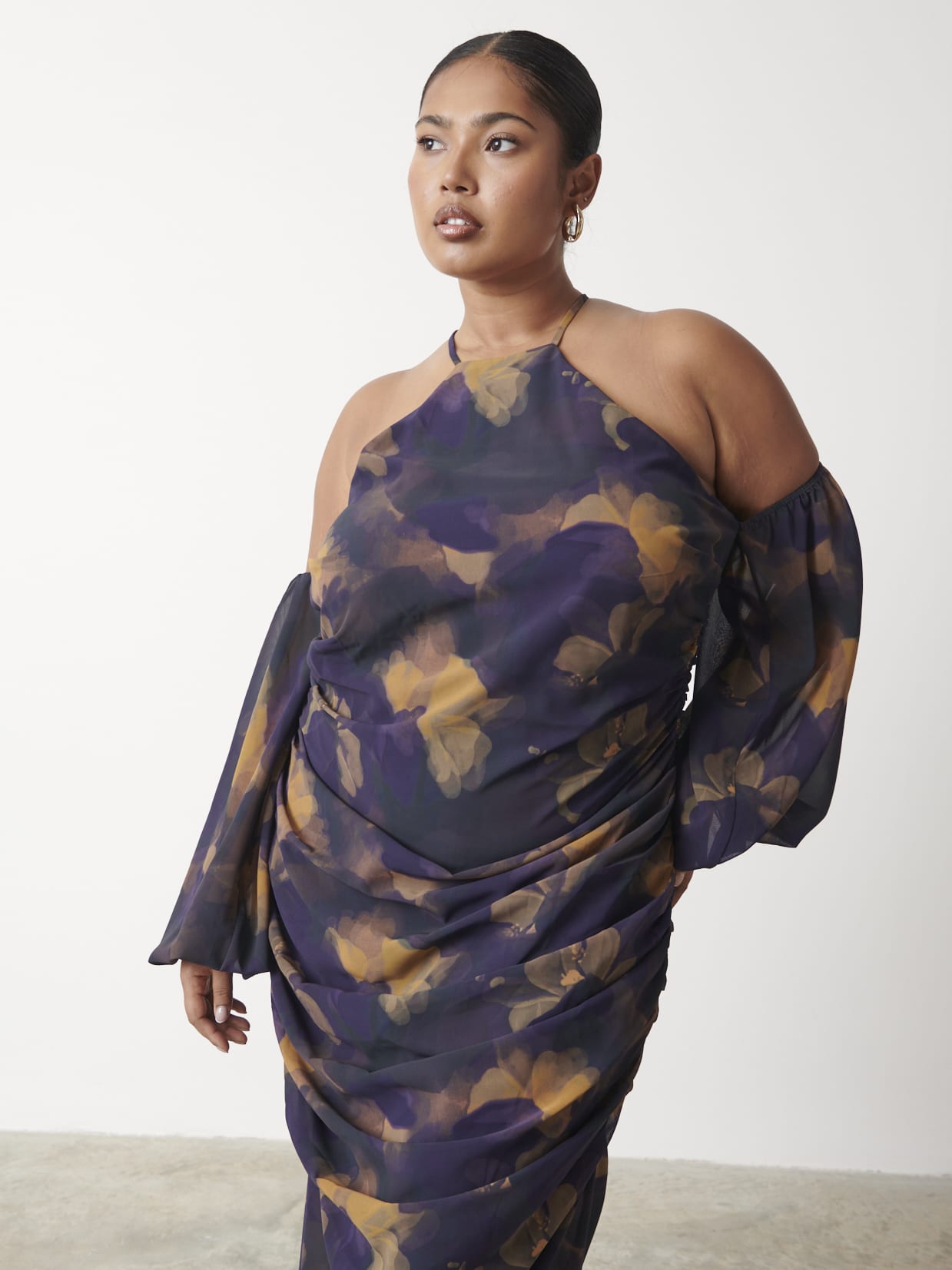 Roma Ruched Midaxi Dress Curve - Dark Amethyst & Saffron Floral