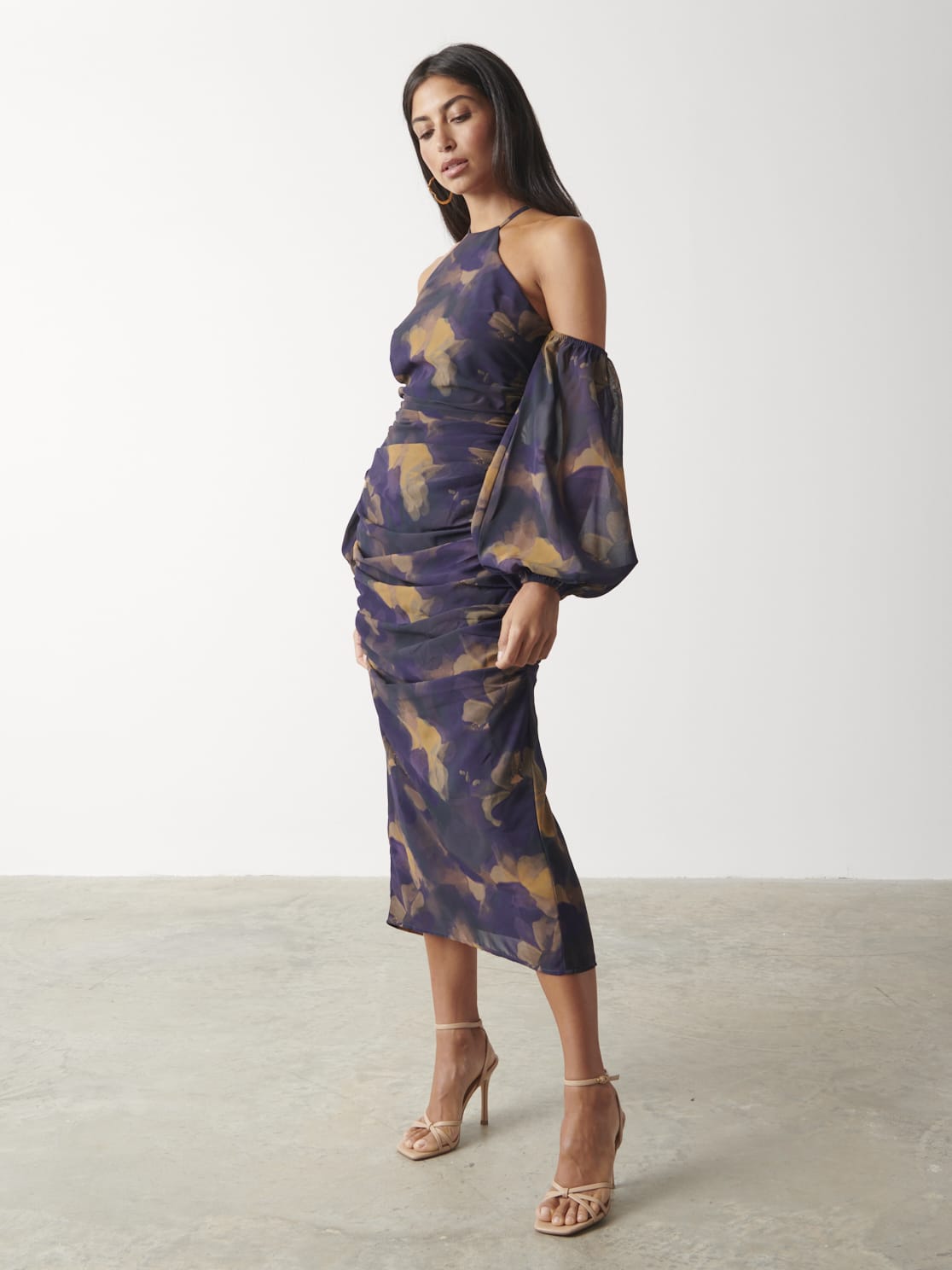 Roma Ruched Midaxi Dress - Dark Amethyst & Saffron Floral