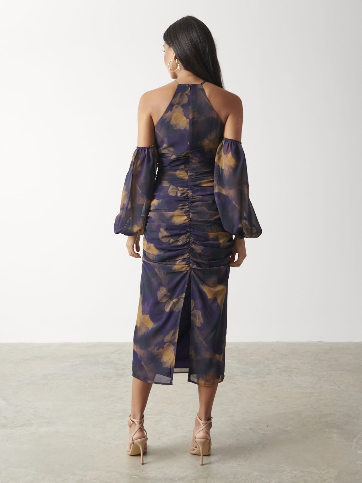 Roma Ruched Midaxi Dress - Dark Amethyst & Saffron Floral