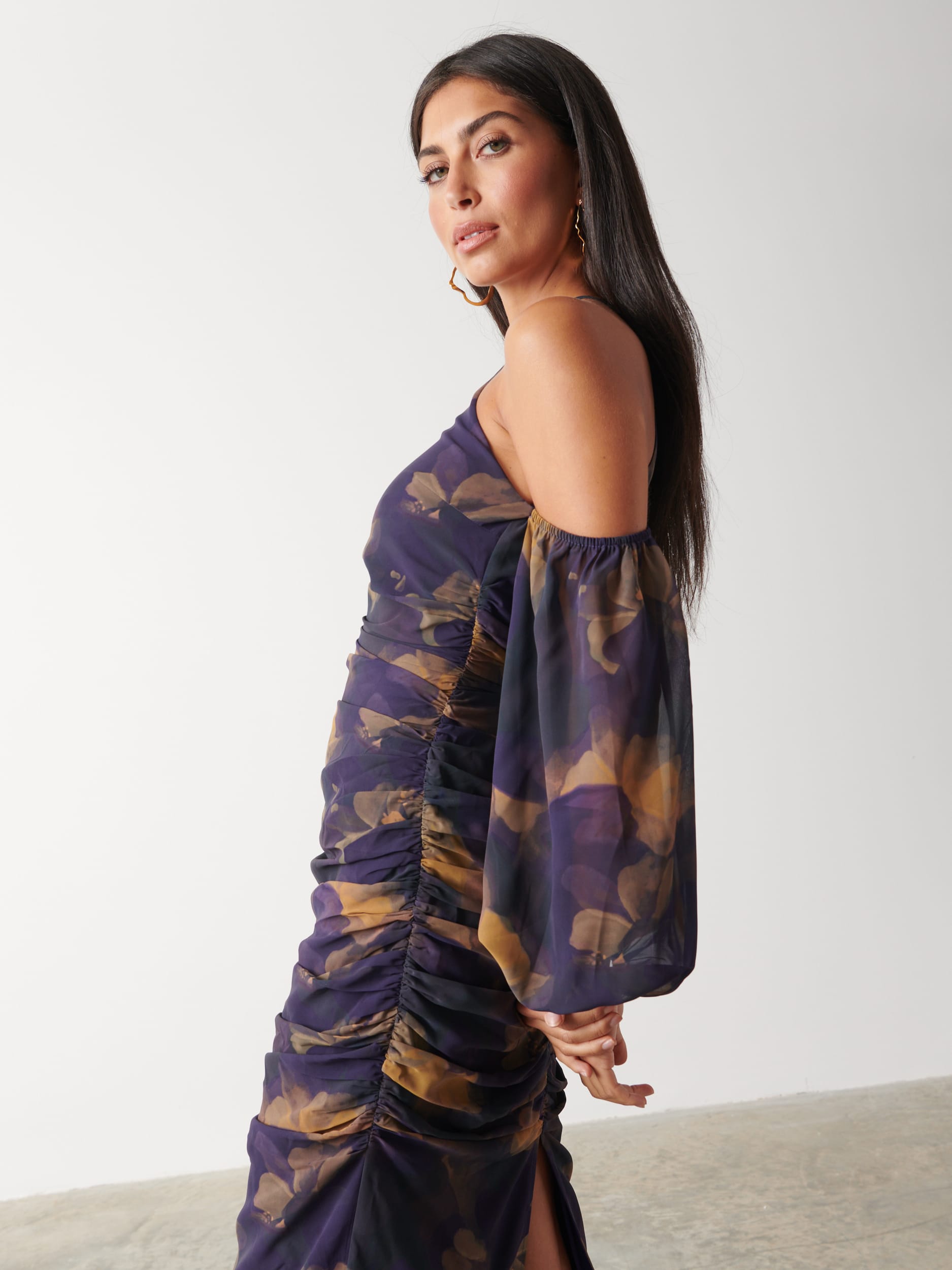 Roma Ruched Midaxi Dress - Dark Amethyst & Saffron Floral