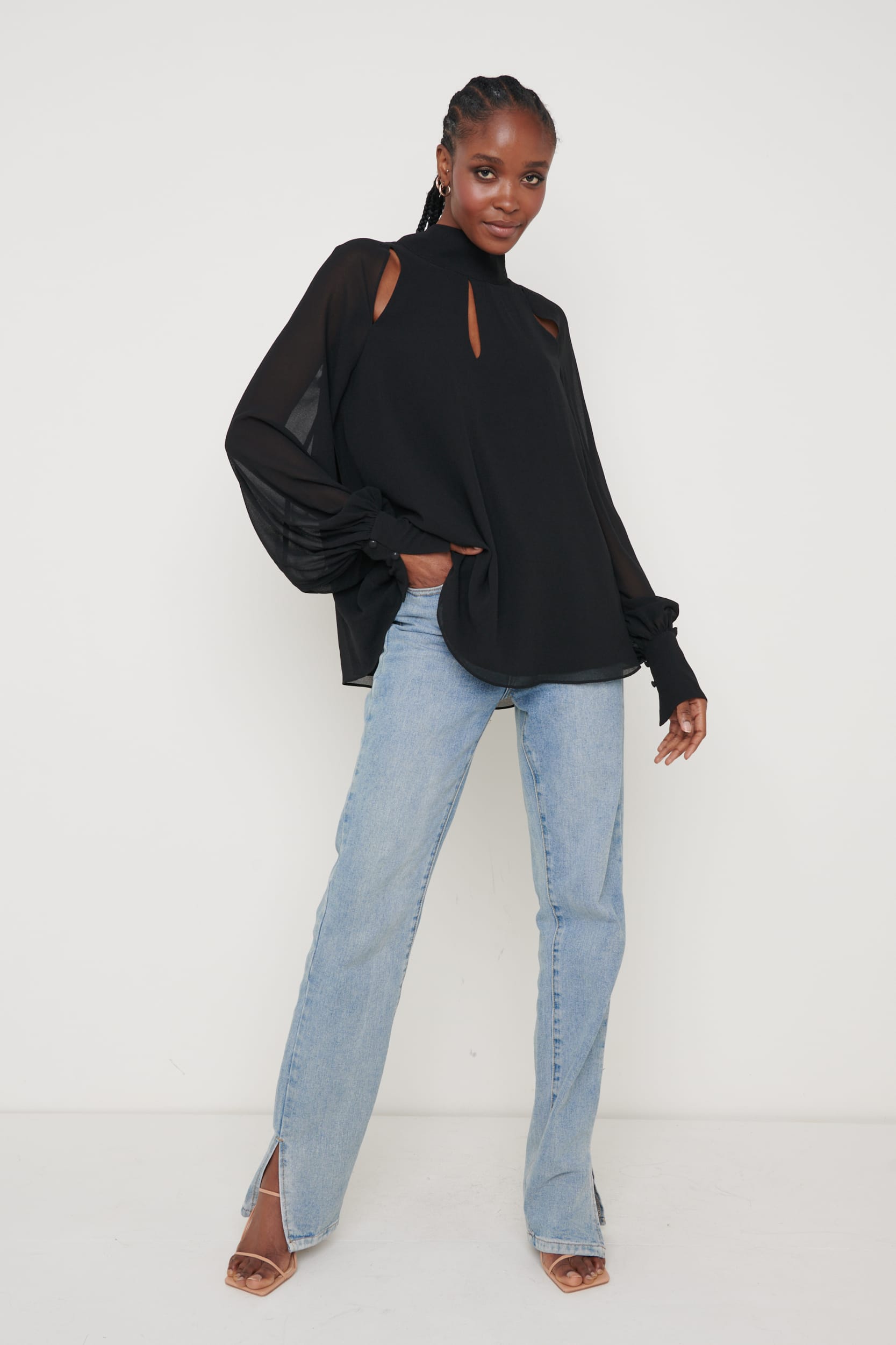 Romy Cut Out High Neck Blouse - Black